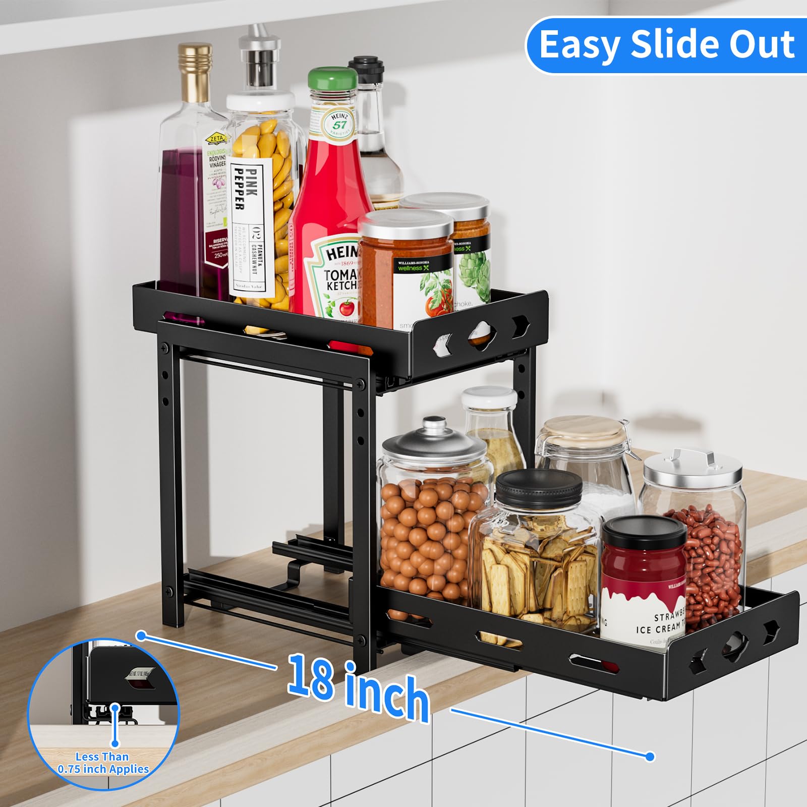 BOIVSHI Ausziehbares Gewürzregal für Schrank, 2-stöckiges Gewürzregal, höhenverstellbar, vertikales Gewürzregal für Küchenschrank, 19,1 cm B x 27,7 cm T x 23,9 cm H, Metall schwarz)