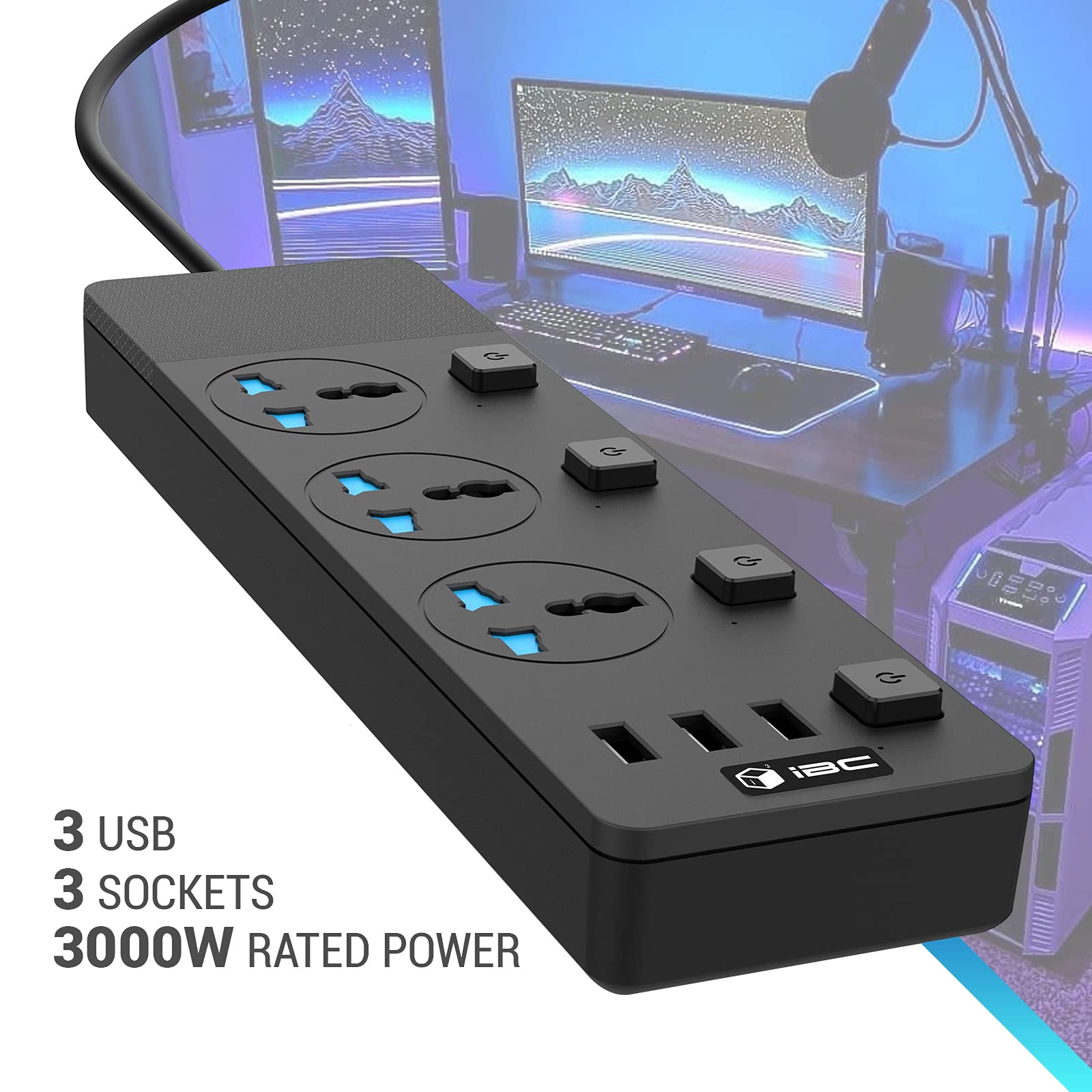 iBlockCube Extension Lead 2M with 3 Way Universal Outlets 3 USB Slots