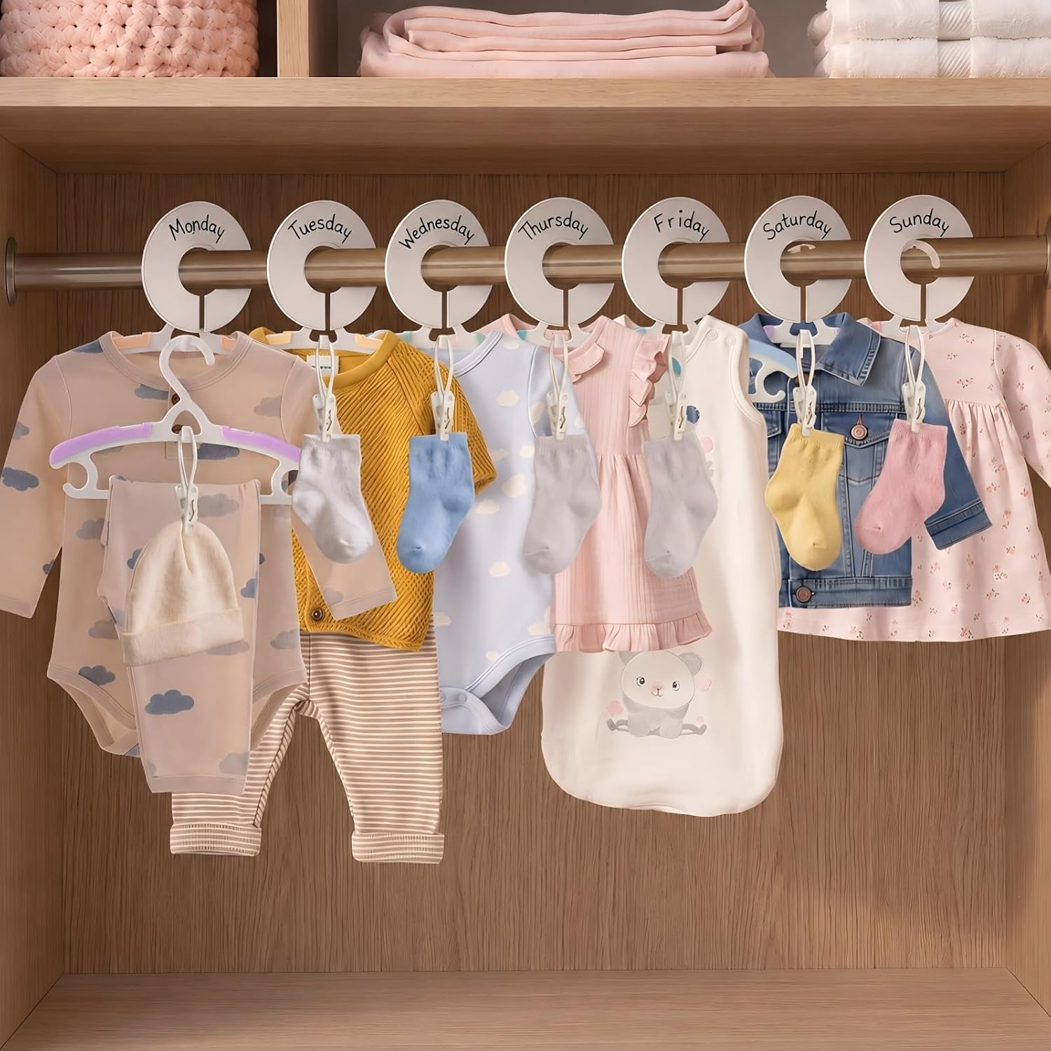 29 Pcs Weekly Clothes Organizer Include 7 Adjustable Clothing Hangers 15 Clothes Clips with Rope 7 Closet Dividers for Daily Clothing Pants Sock Space Saving Storage