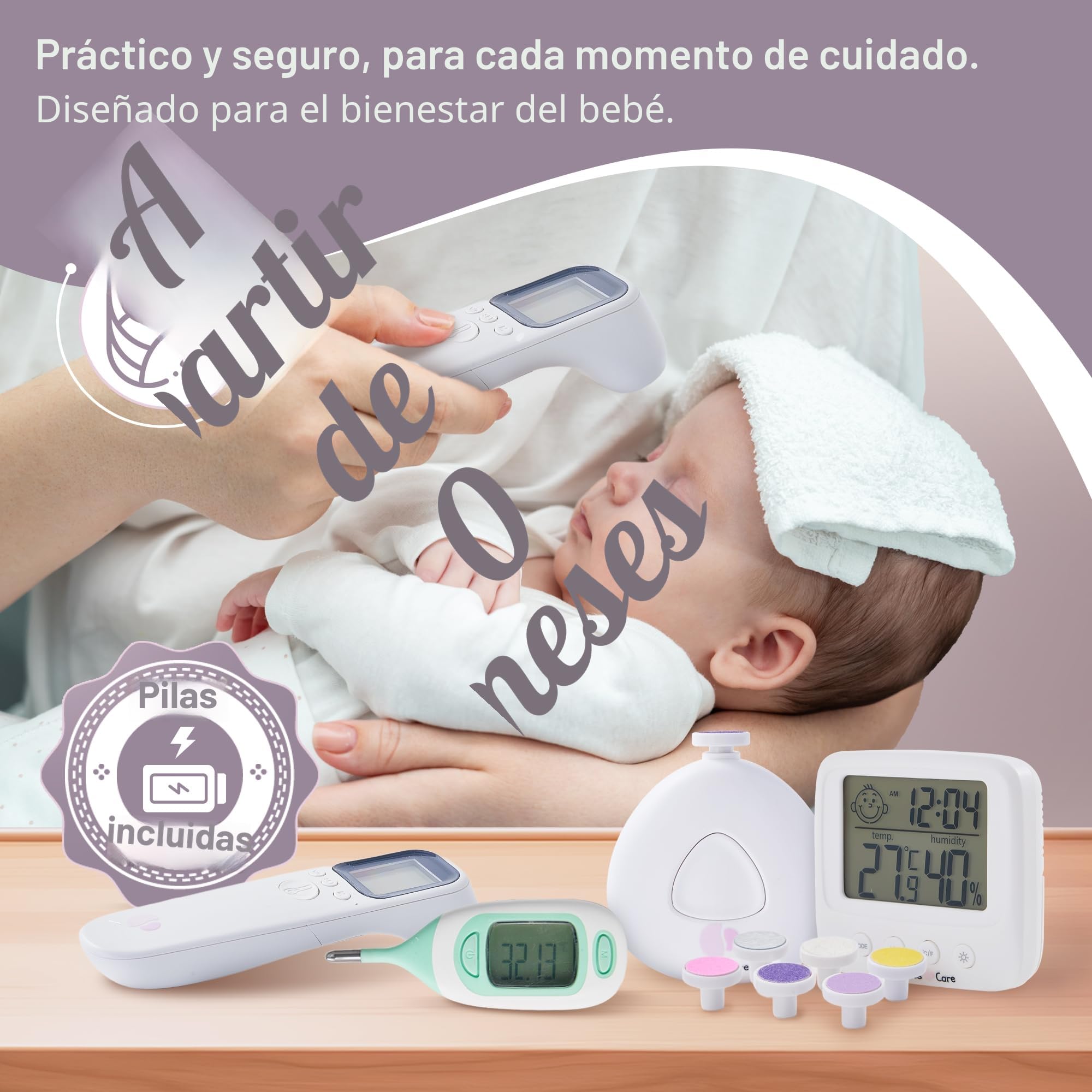 Estuche de aseo cuidado bebé: termómetro frontal, mosca bebe jeringa nasal, termómetro interior y baño, lima lijadora de uñas, estuche de nacimiento completo (termómetro de baño rosa)