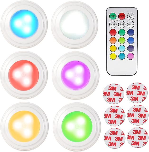 RGB Under Cabinet Lights Battery Powered LED Wireless Puck Light with Remote Control and Timer,Colour Changing Push Lights, Stick on Light for Under Cupboards Counter (6 Pack)