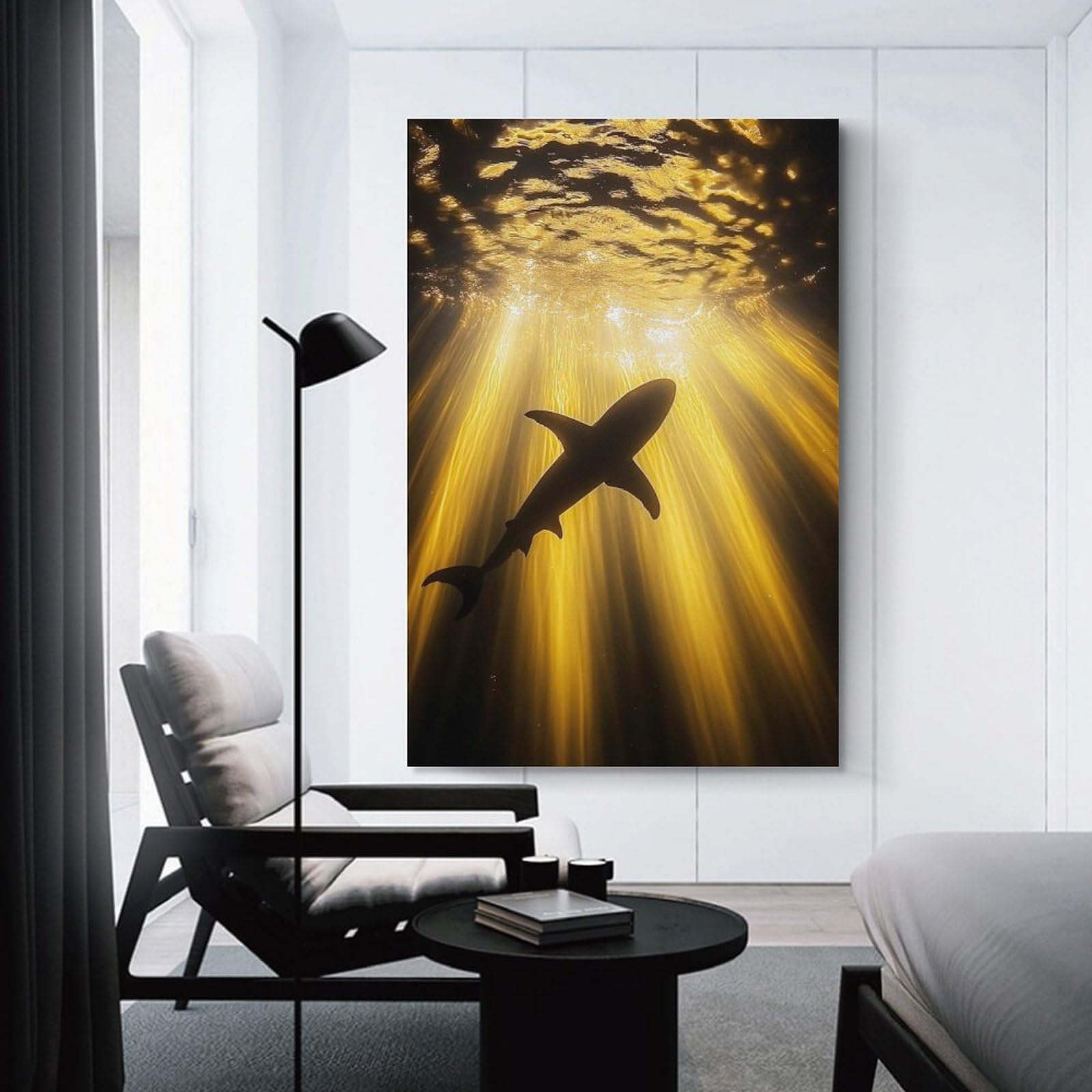 Junmoney Unframe-Style-19-1 Wall Picture Print Shark Silhouette In Golden Light, 20X30inch(50X75cm), For Apartments, Flats Or New Home Decor, A Simple Refresh For Blank Walls