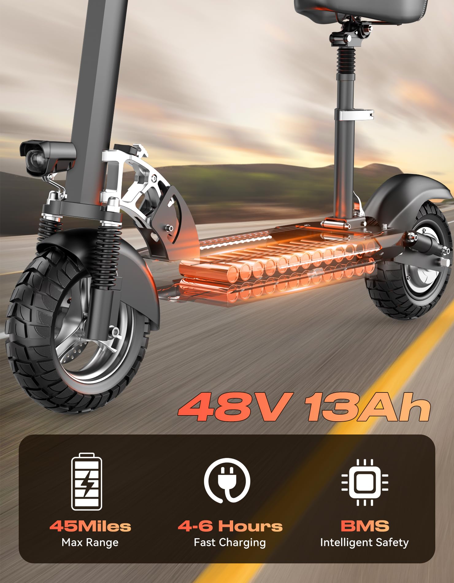 Electric Scooter for Adults with Seat, 1500W Peak Motor, 72 km Range, 40 km/h Top Speed, 48V 13Ah Battery, 136 kg Load Capacity, Dual Disc Brake, 10" Off-Road Foldable E-Scooter for Teens & Adults — view 4