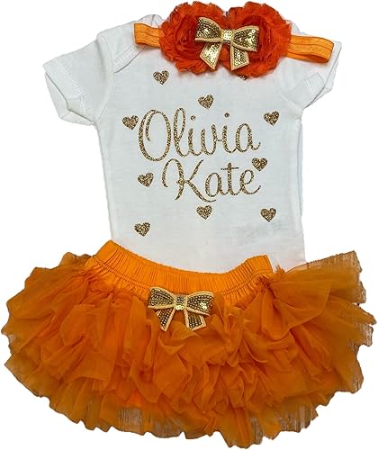 Vista 30 de Personalized Baby Girl Outfit Shower Gift Custom Name Glitter Heart Outfit Optional Tutu Bloomers Headband and Leg Warmers Light Purple + Gold