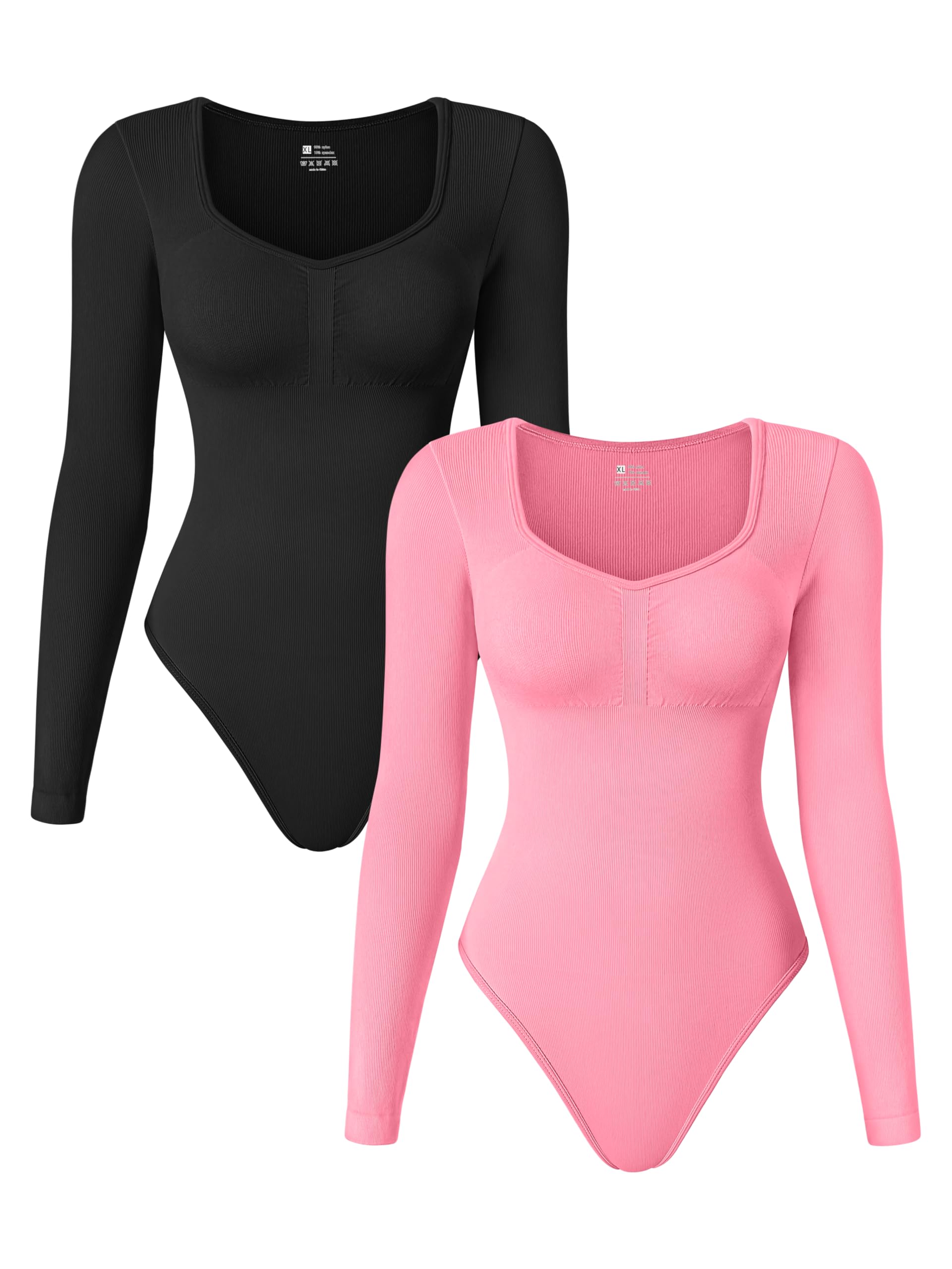 Size S TOB Women's 2 Piece Bodysuits Sexy Seamless Ribbed Long Sleeve Tummy Control Tops Bodysuits
