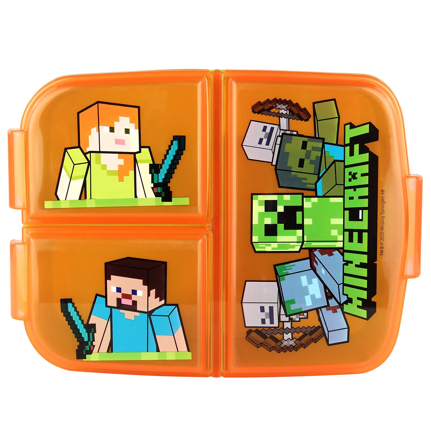 Minecraft Brotdose Kinder - Lunchbox mit 3 Fächern und Clip-Verschlüssen, Bento Snackbox aus Kunststoff für Kindergarten, Schule und Freizeit - Vesperdose robust & leicht zu öffnen