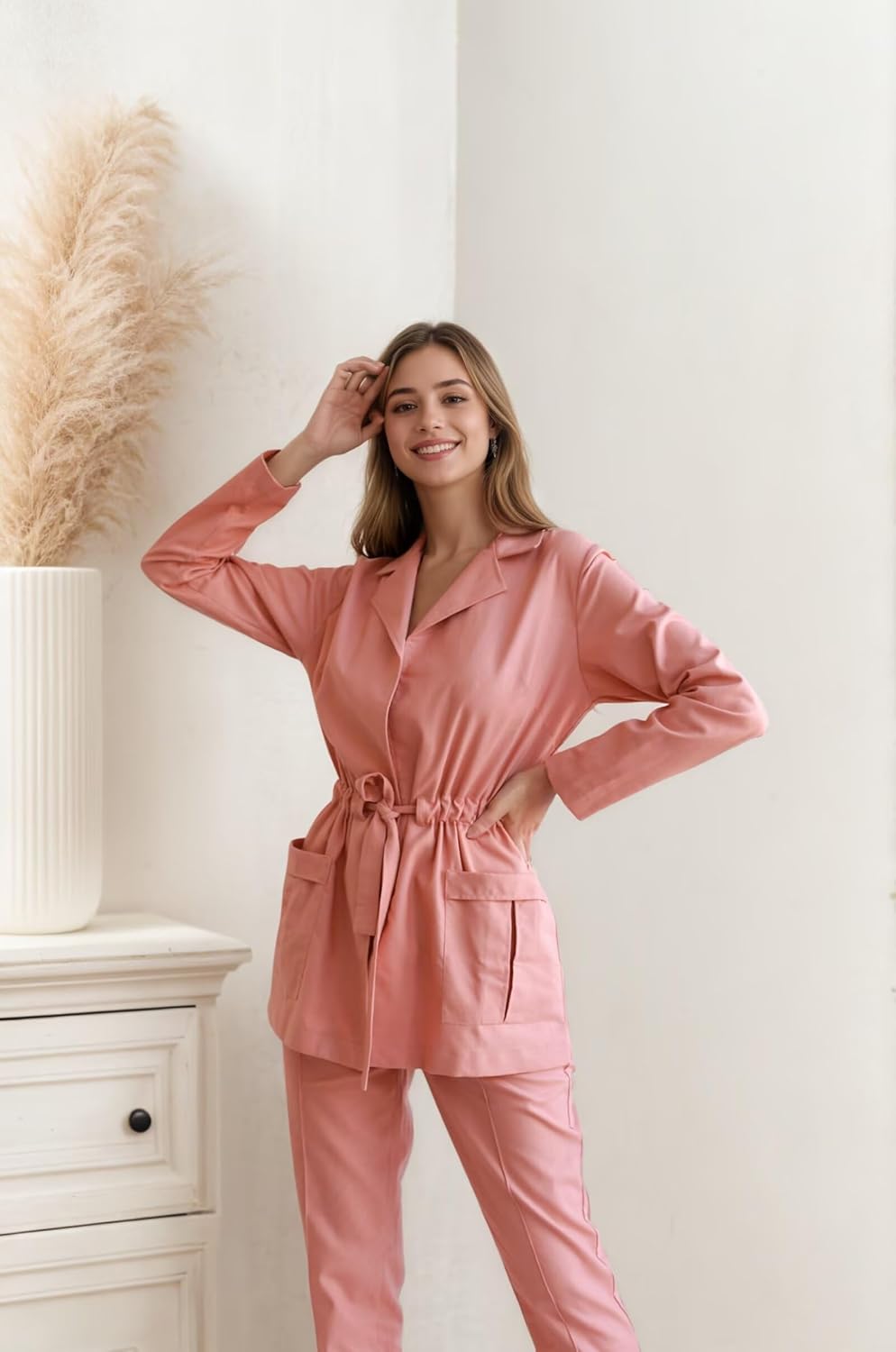 Linen Womens Tuxedo Suit Set with Belt 2 Piece Pant Sets for Women Casual Daily Outfits Dressy Work Womens Pant Suit