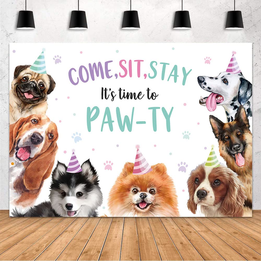 MEHOFOND 7x5ft Puppy Dog Birthday Party Decorations Backdrop Pet Doggy Party Photo Backdrop It's Time to Paw-ty Banner for Boy Girl Baby Shower
