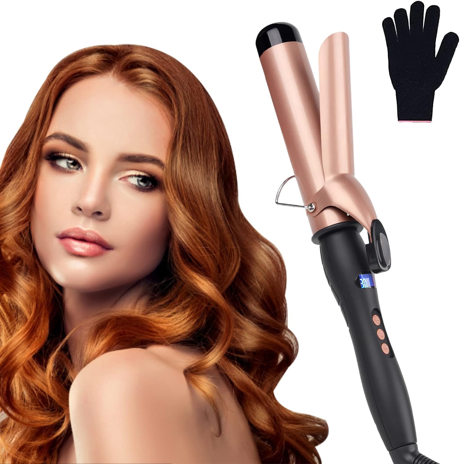 Curling Iron, Hair Curling Iron Curling Wand Set with Gloves, 25mm Instant Heat Up Hair Curler with LCD Display,Temperature Adjustment, Auto Shut Off, Dual Voltage