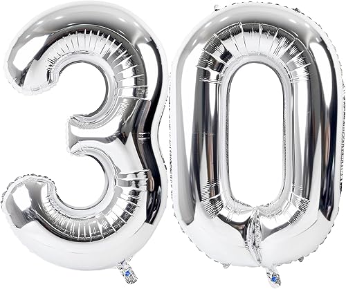 Miniatura 1 de Globo plateado gigante de 30.40 pulgadas, globos plateados de 30 pulgadas para decoración de cumpleaños de helio, globos plateados del número 30