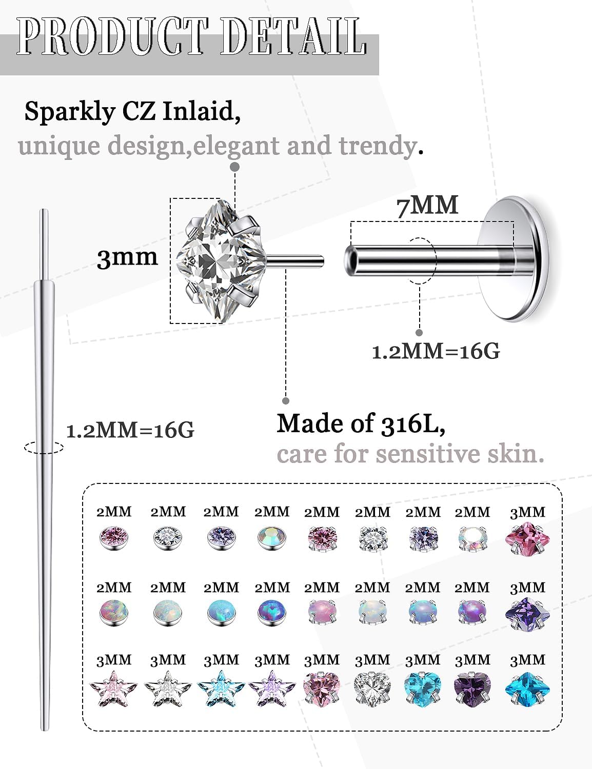 20G 18G 16G Threadless Nose Rings Studs Flat Back Earrings Surgical Stainless Steel Opal Nose Rings Stud Tragus Helix Conch Cartilage Earrings Piercing Jewelry For Women Men Hypoallergenic - Image 2