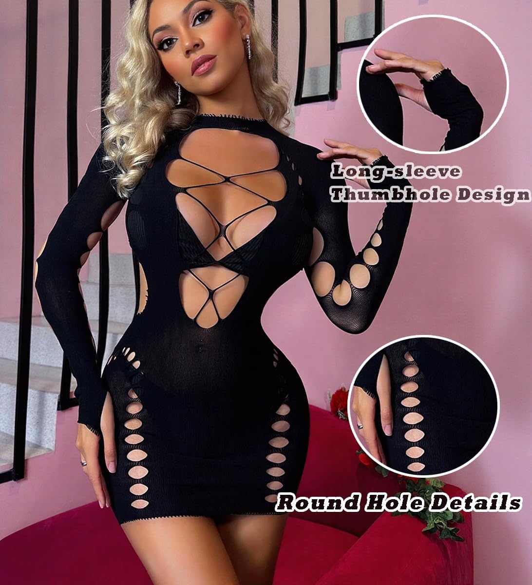 Women Fishnet Lingerie Dress Long Sleeve Mesh Badydoll Chemises Hollow Out Sexy Club Outfits - Image 4