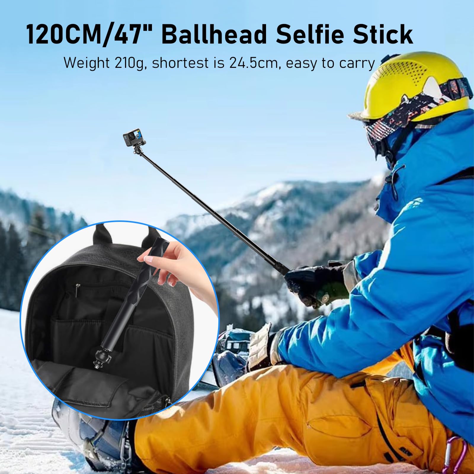 Wiseten Kijek do selfie Insta360 X5 X4 120 cm teleskopowy monopod z głowicą kulową 360° do GoPro Hero 13 12 11 10 9 Black DJI Osmo Action 5 Pro