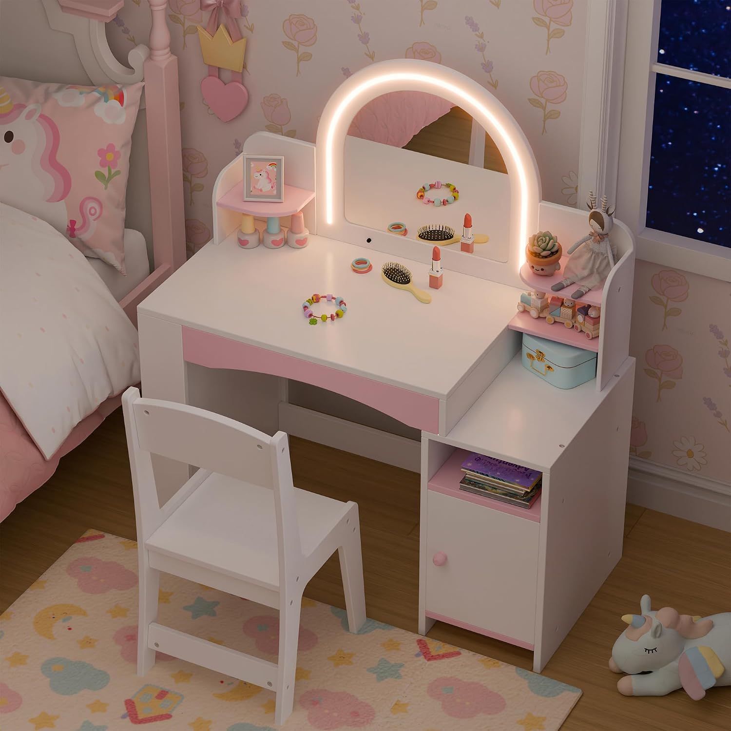 Kids Vanity with Lights, Kids Makeup Vanity with Bookshelf, Enclosed Cabinet and 3-tier Open Shelves, Little Girl Vanity Table Set with Lighted Mirror and Stools, Toddler Vanity for Girls (White)