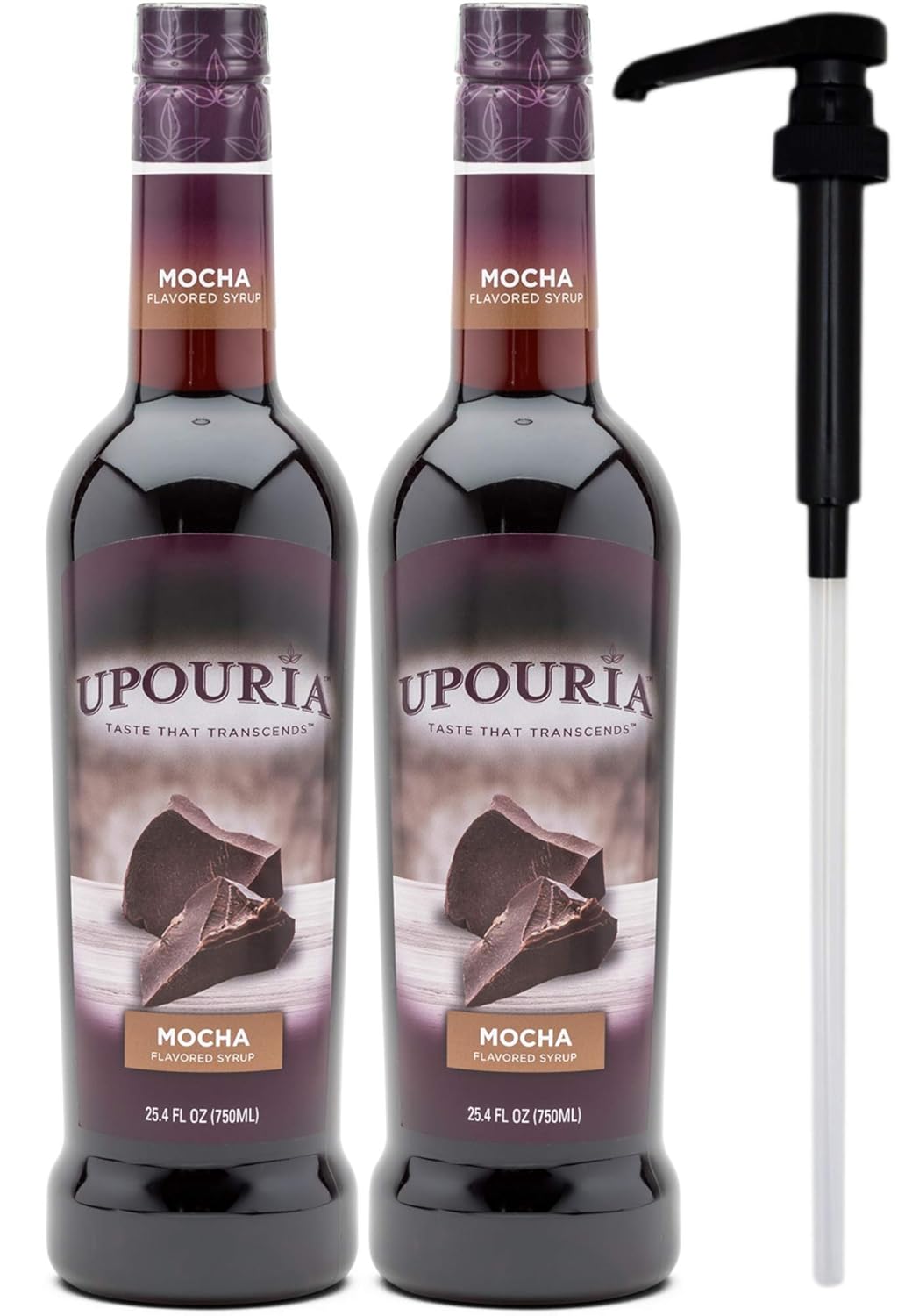 Upouria Mocha Coffee Syrup Flavoring, 100% Vegan, Gluten-Free, Kosher, 750 mL Bottle (Pack of 2) with Coffee Syrup Pump