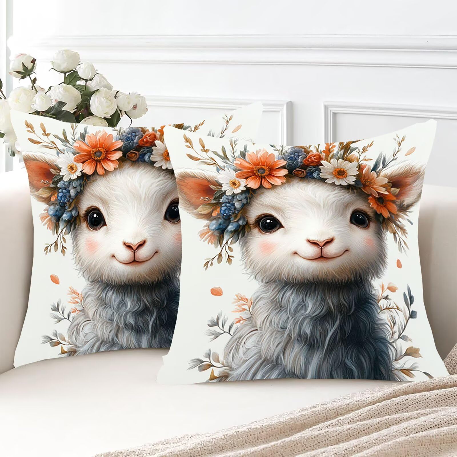 Kwiaty Zestaw 2 poszewek na poduszki Sofa Dekoracyjne Poszewki na poduszki Miękkie lniane poszewki na poduszki Luksusowy styl Sofa Sypialnia 60 x 60 cm Poszewki na poduszki zewnętrzne owca 0P-358