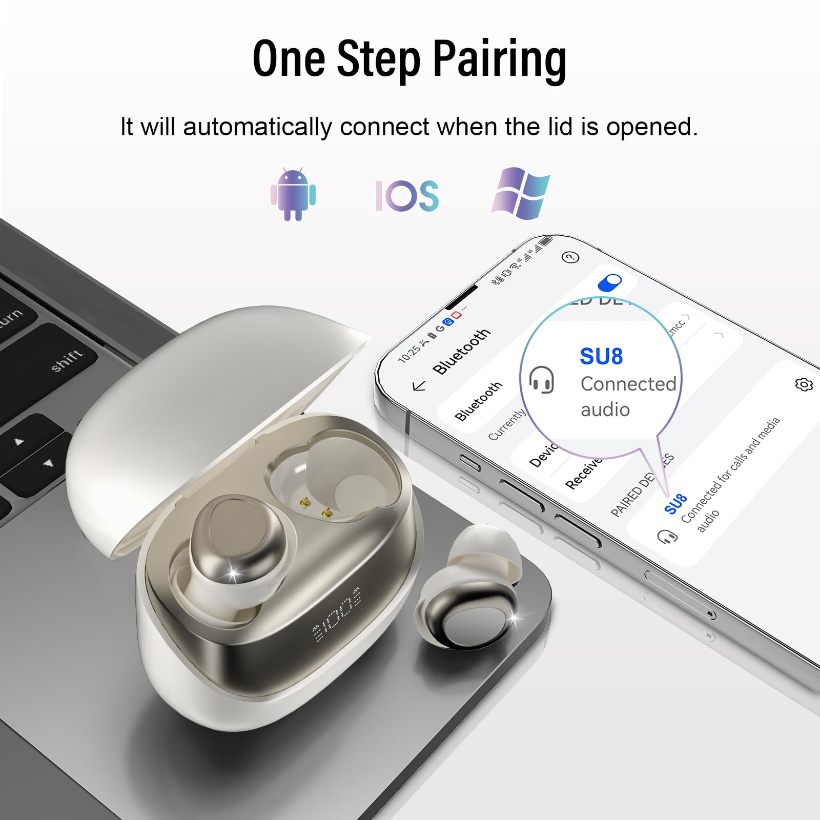 Bluetooth Kopfhörer, Mini In Ear Kopfhörer Kabellos Bluetooth 5.4 Stereo HiFi Immersiv, 47Std Spielzeit Schlafkopfhörer mit Passiver Geräuschmaskierung, LED-Anzeige, IP7 Wasserdichte Ohrhörer Weiß
