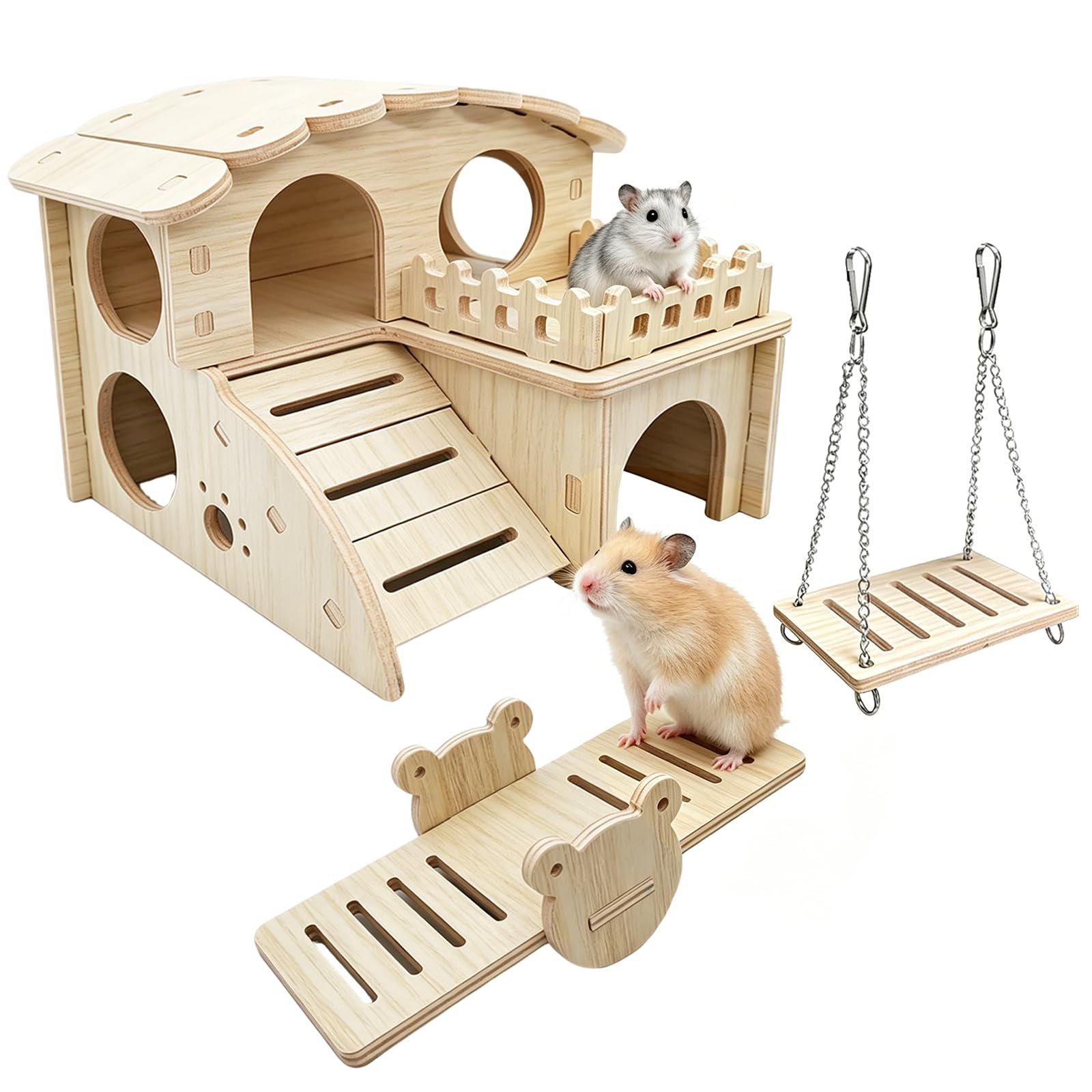 3PCS Wooden Hamster House Set, DIY Natural Wood Hamster Playhouse with Seesaw & Swing, Hamster Toys for Cage, Small Pet Hamster Accessories for Syrian Hamsters, Dwarf Hamsters, Gerbils & Mice