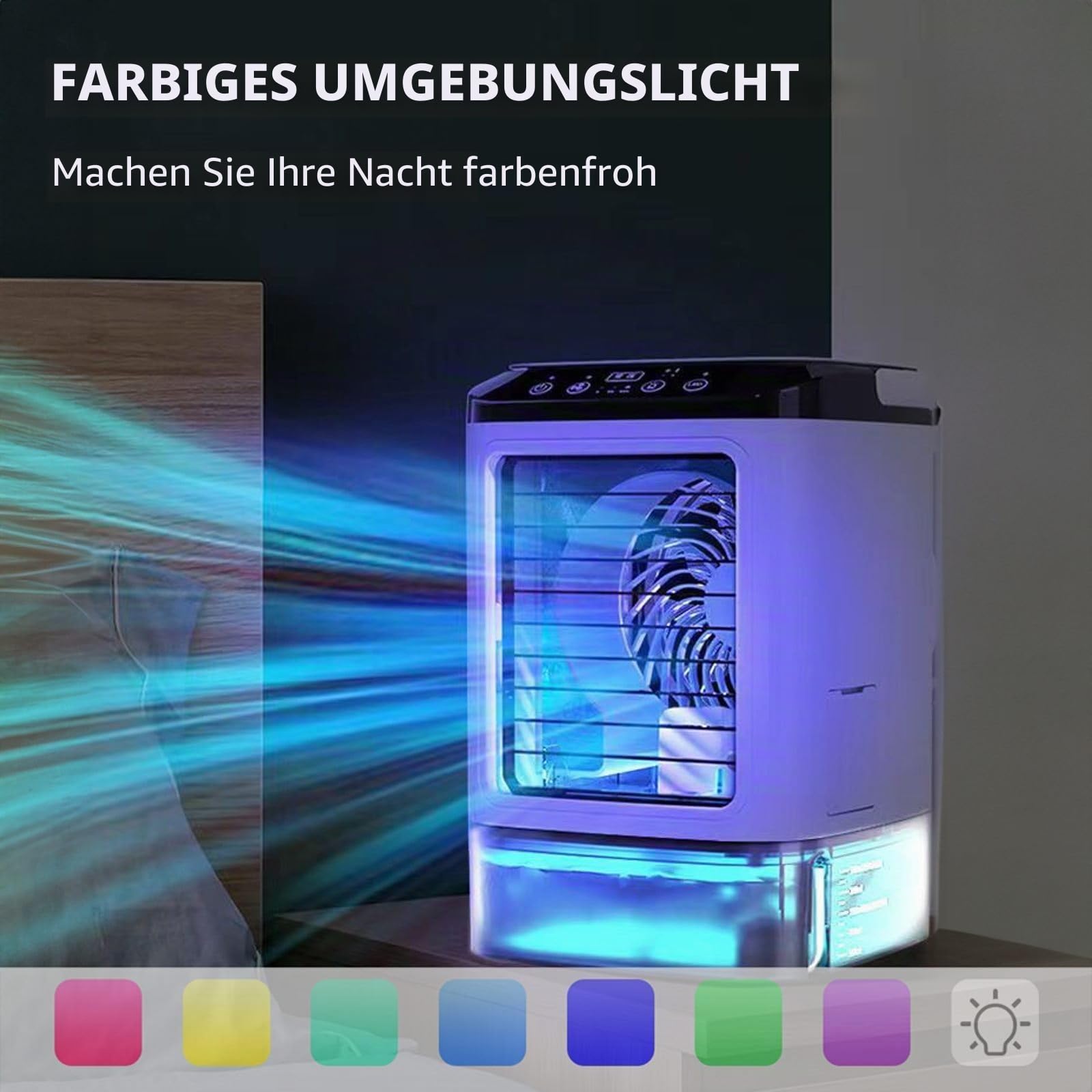 Mobile Klimaanlage 4-in-1 Luftkühler mit Tank 1 l, Luftbefeuchter und Luftreiniger, 3 Geschwindigkeiten, 7 LED-Lichter, leises Klimagerät für Schlafzimmer, Büro