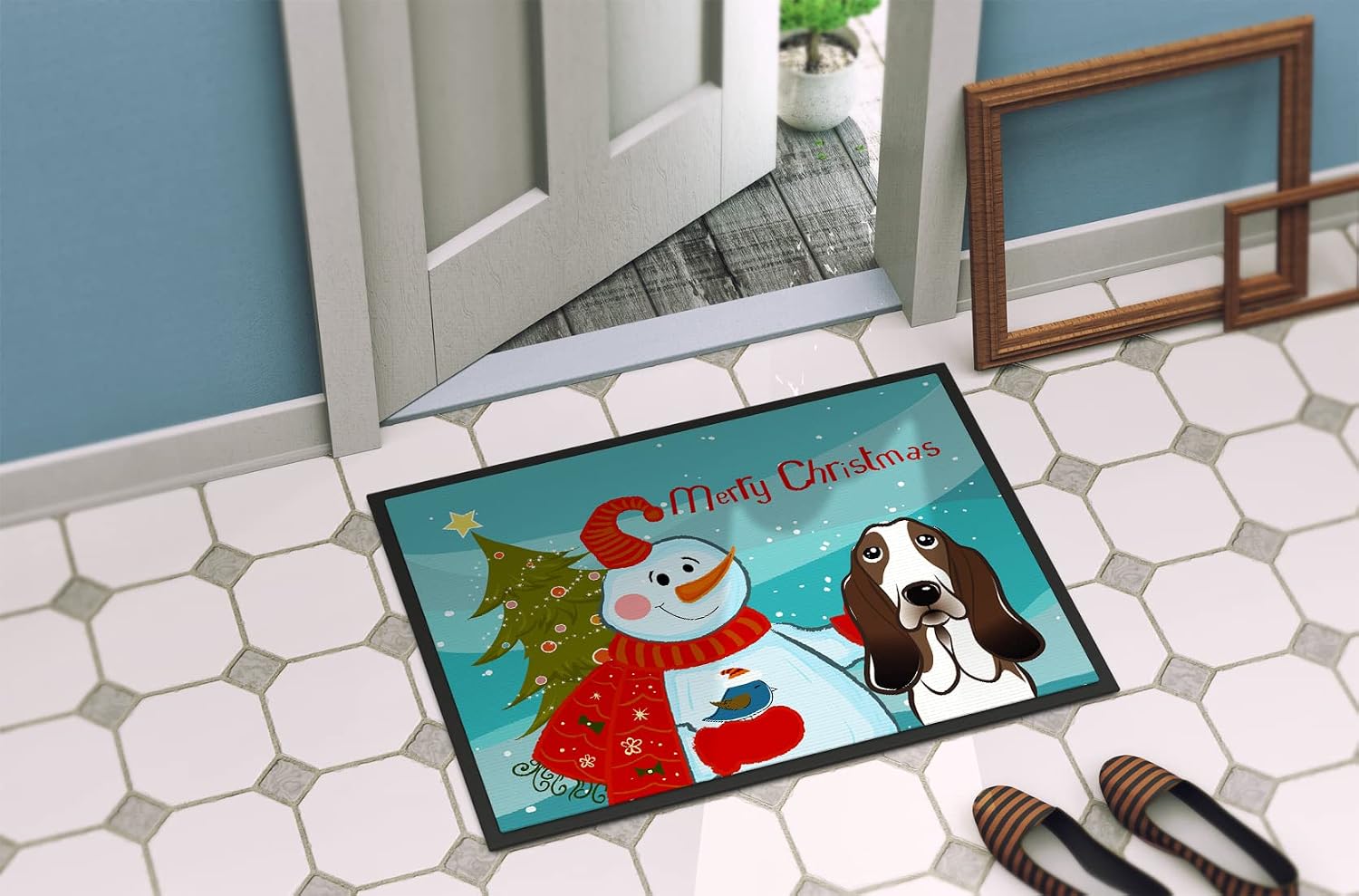 Caroline's Treasures BB1863JMAT Snowman with Basset Hound Doormat 24x36 Front Door Mat Indoor Outdoor Rugs for Entryway, Non Slip Washable Low Pile, 24H X 36W