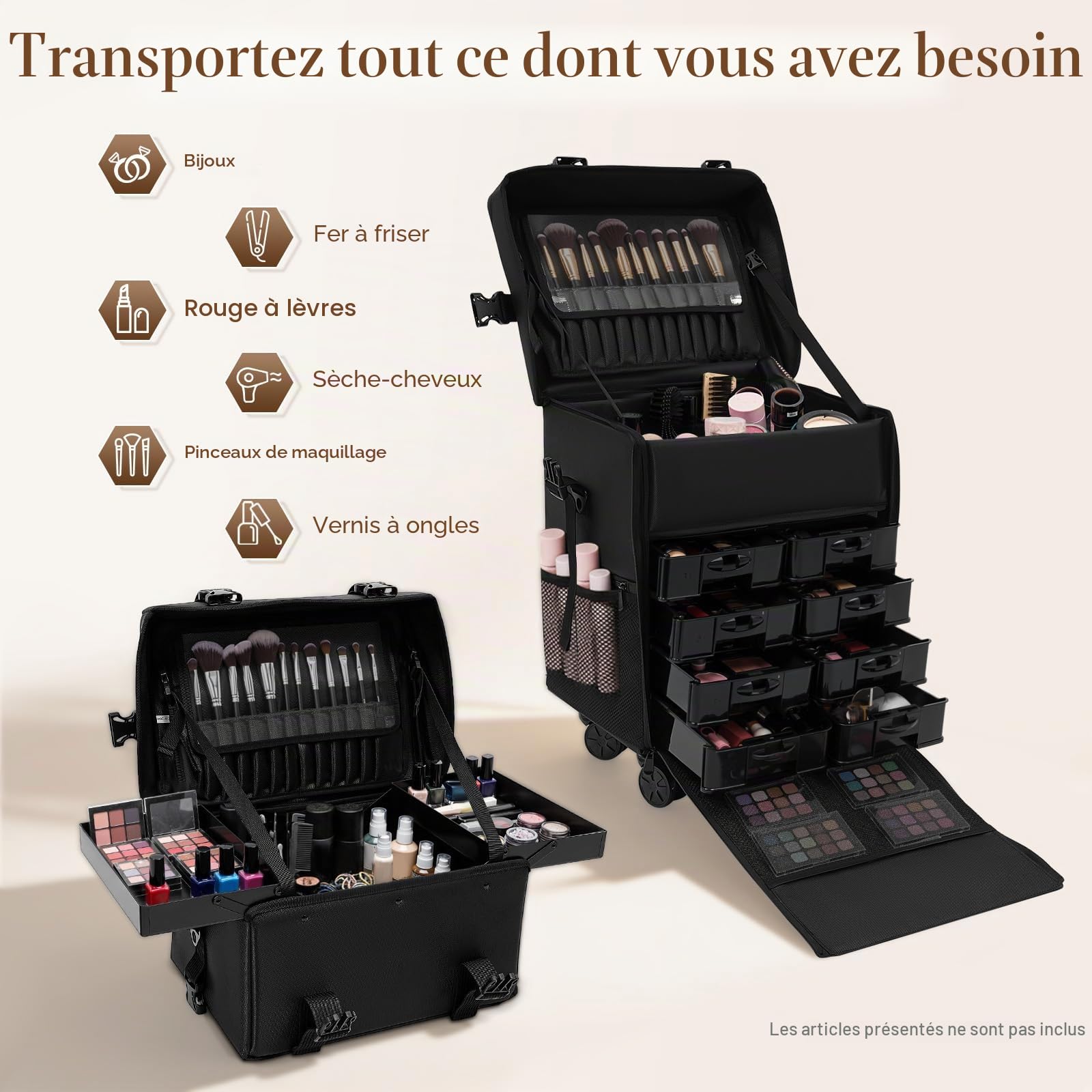 Mallette de maquillage 2 en 1 - Amovible - Avec roulettes et timon - 8 tiroirs - Pour coiffeur, maquilleur et manucure - Noir, Noir , Valise à roulettes 2 en 1