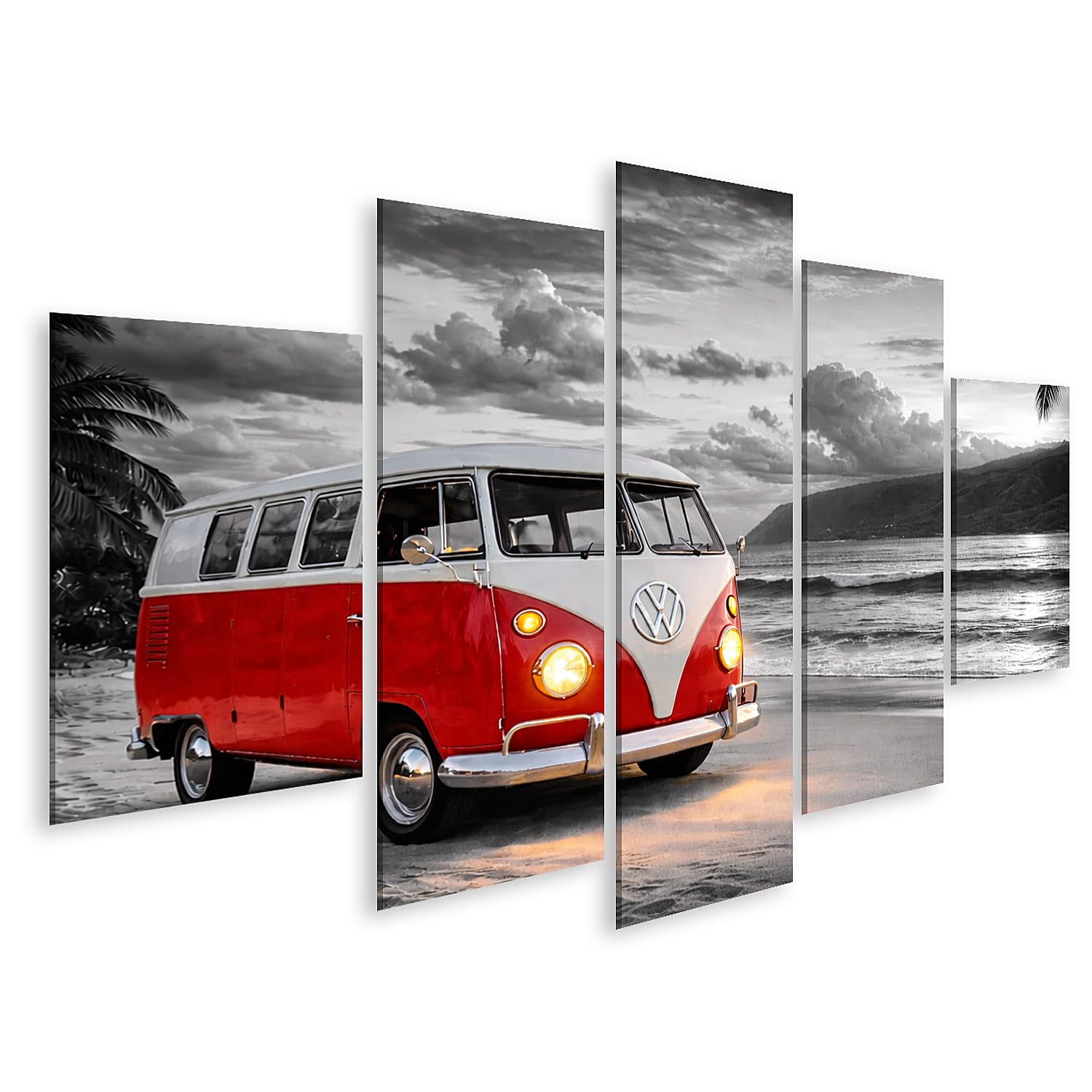 islandburner Cuadro sobre lienzo T1 autobús en la playa – mural nostálgico para los amantes de las vacaciones – Lienzo 170 x 80 cm – 5 piezas