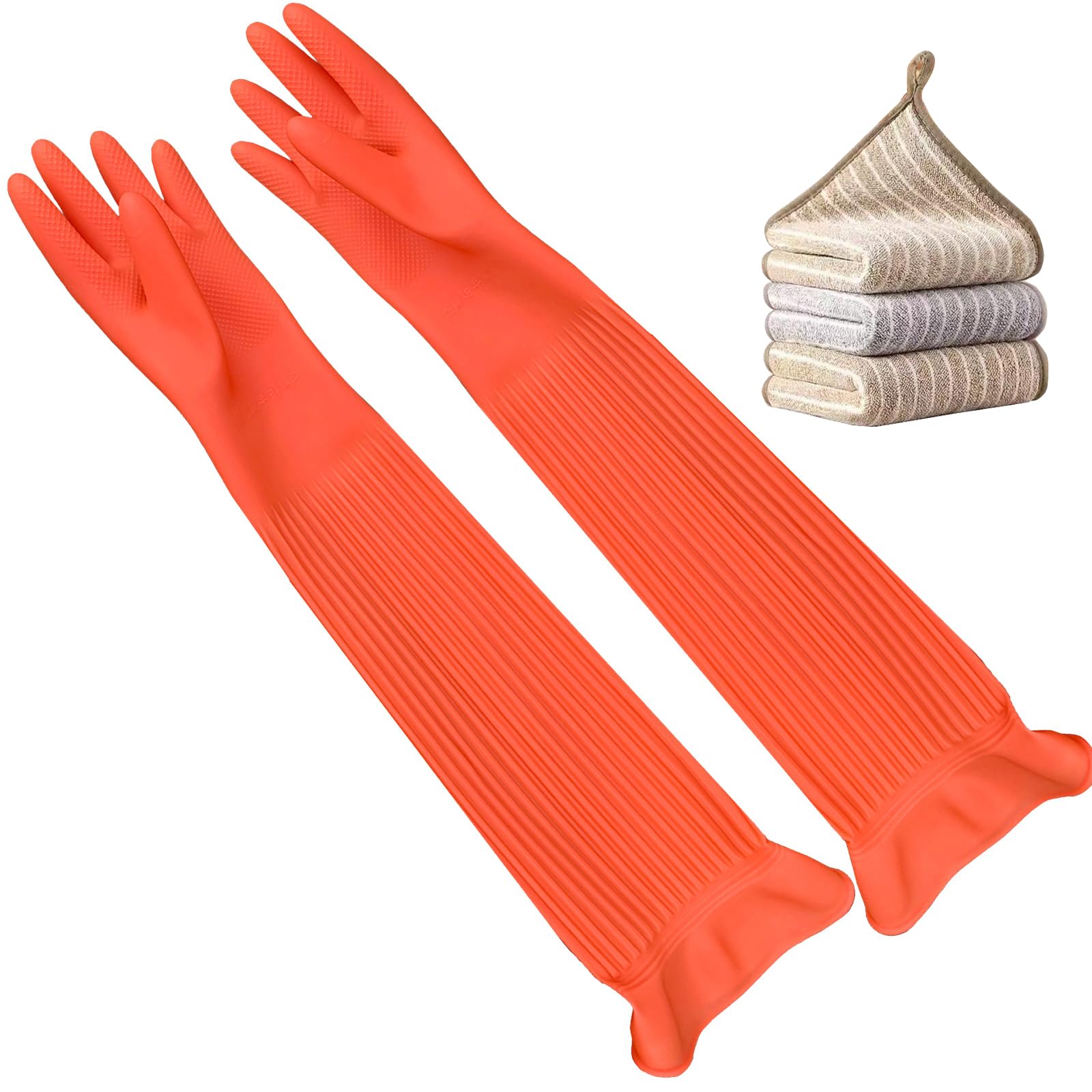 3 Pairs Household Extra Long Kitchen Gloves for Washing Dishes，20.05inches Rubber Cleaning Gloves，Reusable Latex Living Wash Gloves，Long Sleeves(Medium, Red)