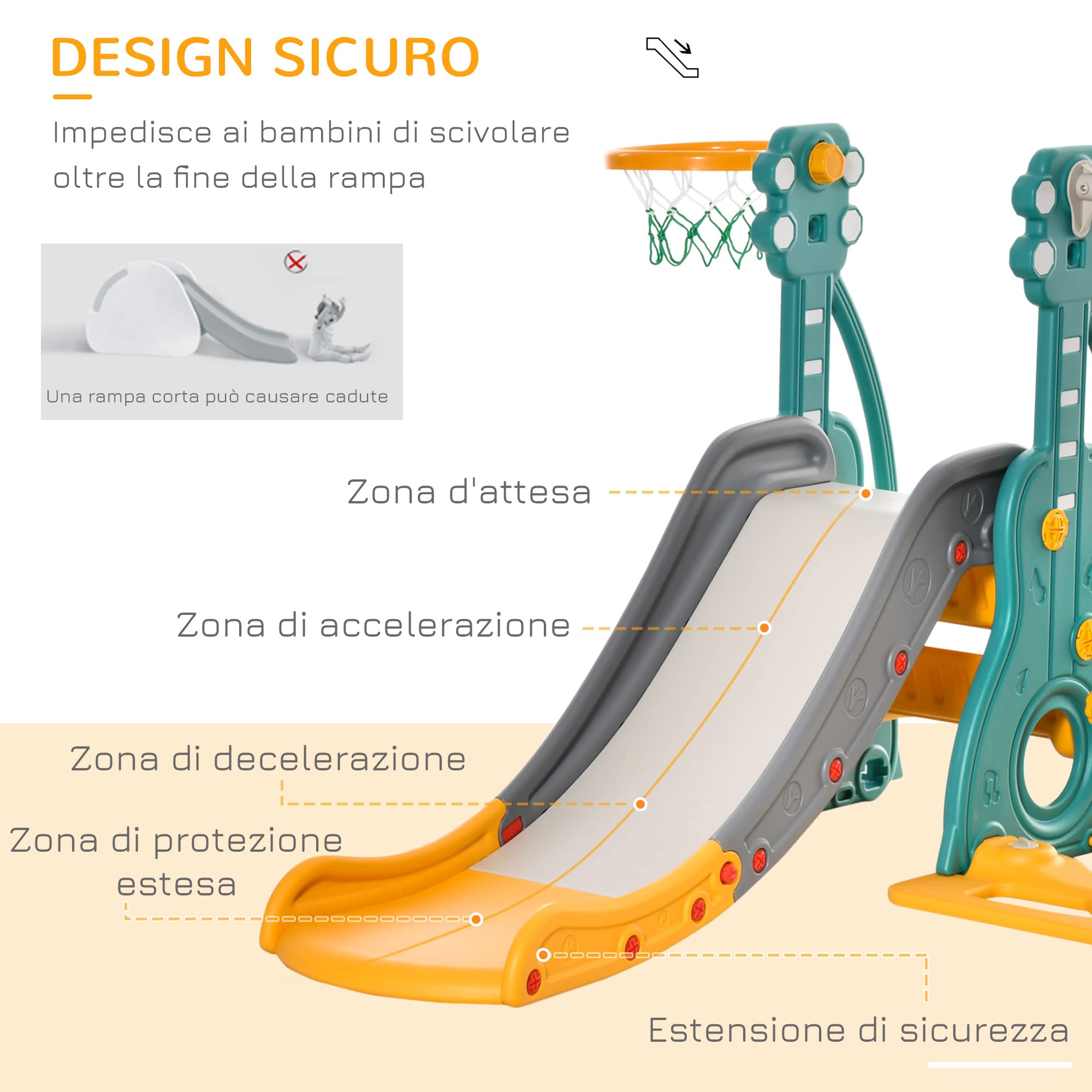 HOMCOM Scivolo 3 in 1 per Bambini con Altalena Regolabile, Canestro e Palle per Cameretta e Giardino, 152x149x107cm, Blu, Grigio, Giallo