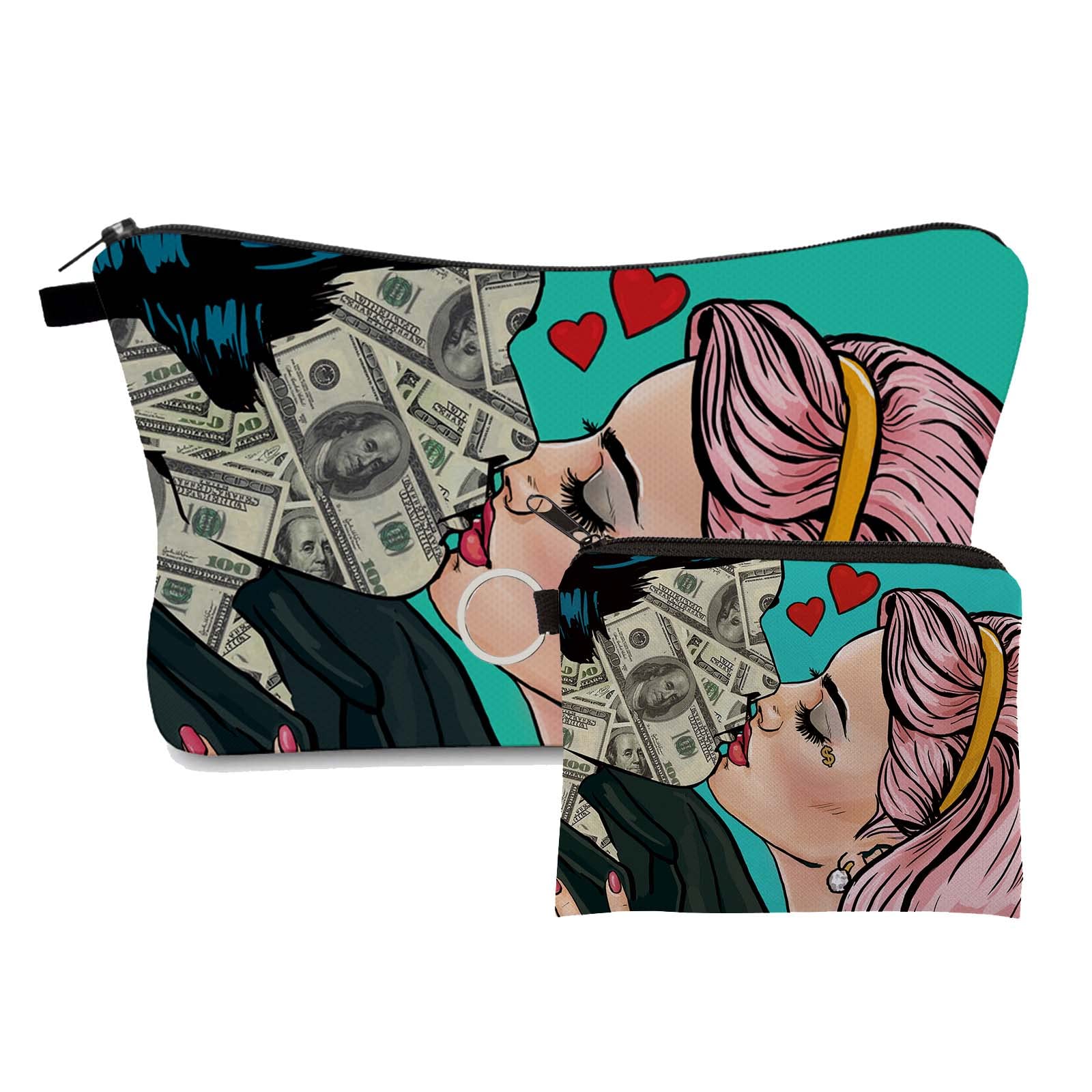 SWEET UNICORN Small Makeup Bag for Women Cosmetic Pouch with Coin Purses, Lovers Pattern 2PCS Set Travel Bags Cosmetic Brush Organizer (love7709)