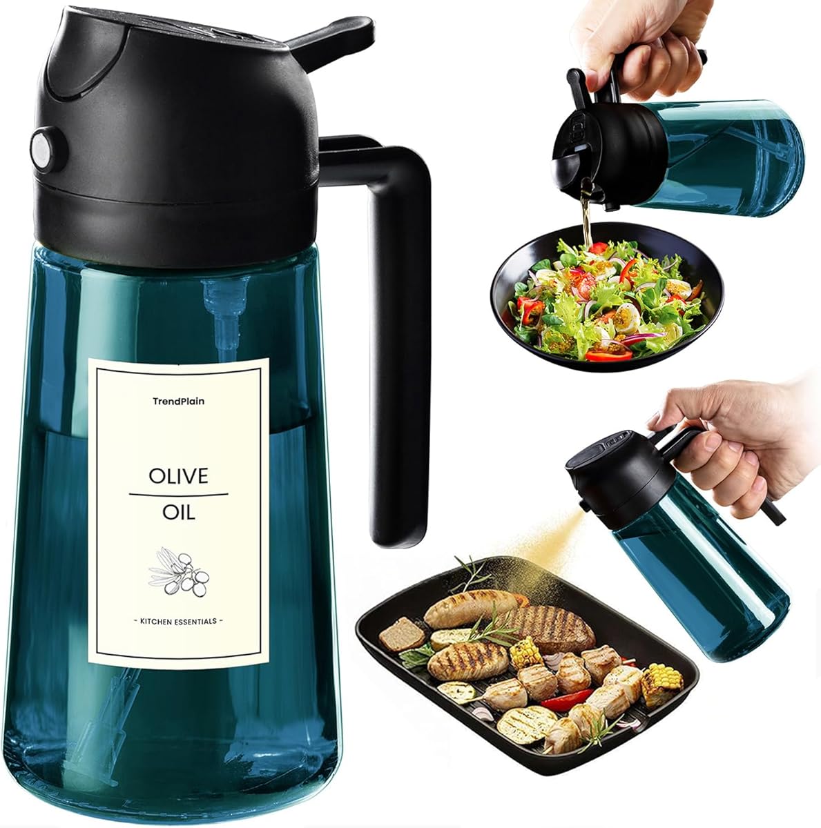 TrendPlain 16oz/470ml Blue Glass Olive Oil Sprayer for Cooking - 2 in 1 Olive Oil Dispenser for Kitchen Gadgets, Air Fryer, Salad, and BBQ - Black