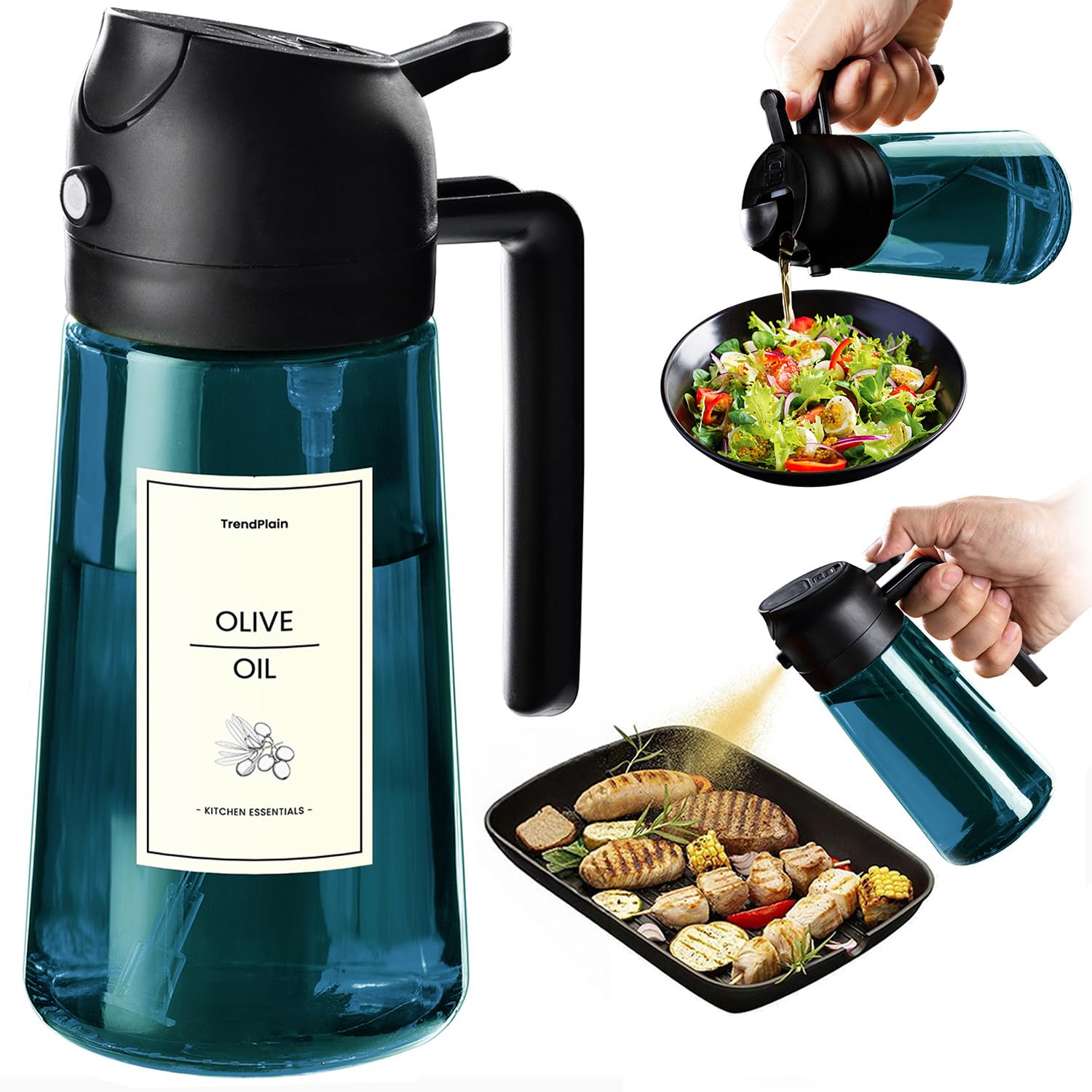 TrendPlain 16oz/470ml Blue Glass Olive Oil Sprayer for Cooking - 2 in 1 Olive Oil Dispenser for Kitchen Gadgets, Air Fryer, Salad, and BBQ - Black