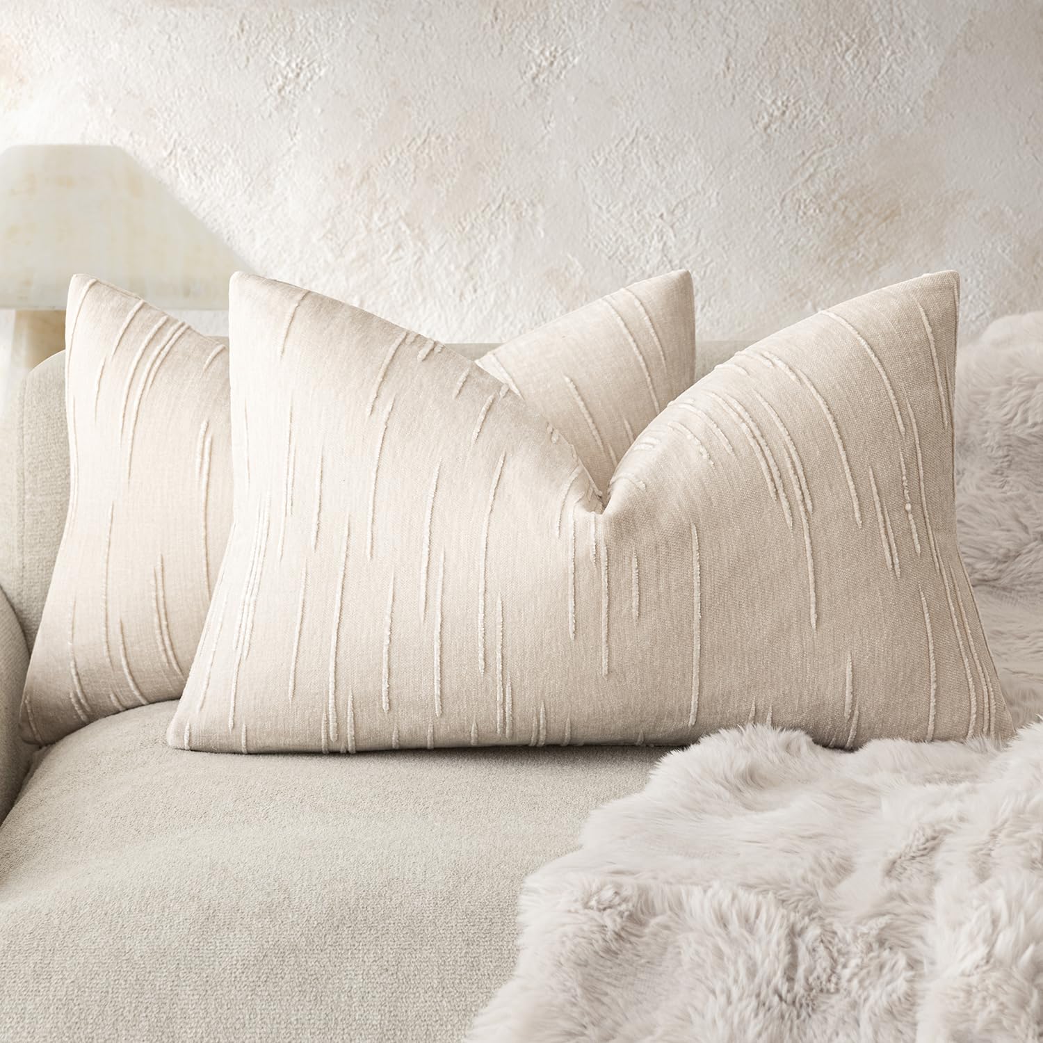 Foindtower Slubby Textured Chenille Lumbar Throw Pillow Covers 12x20 Ivory