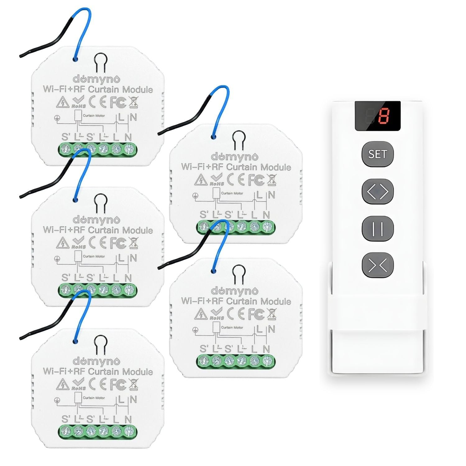domyno Centraline per tapparelle Interruttore Serrande Tende con Controllo Wifi, Telecomando, Alexa, G.Home, App Tuya e Smartlife - n.5 Centraline + Telecomando 9 canali -