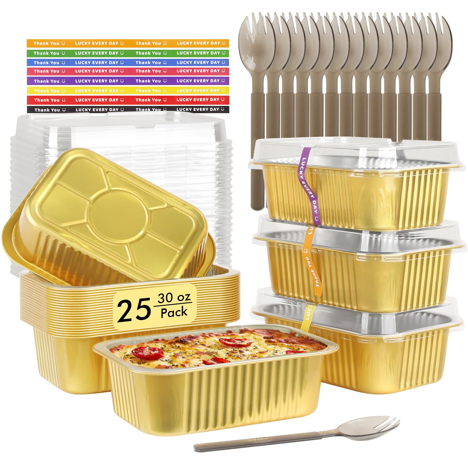 LNYZQUS 30oz Small Foil Pans with Lids 25 Pack, 7” x 5” Individual Baking Tins Deep Leftover Containers,Aluminum To Go Baked Food Containers Large