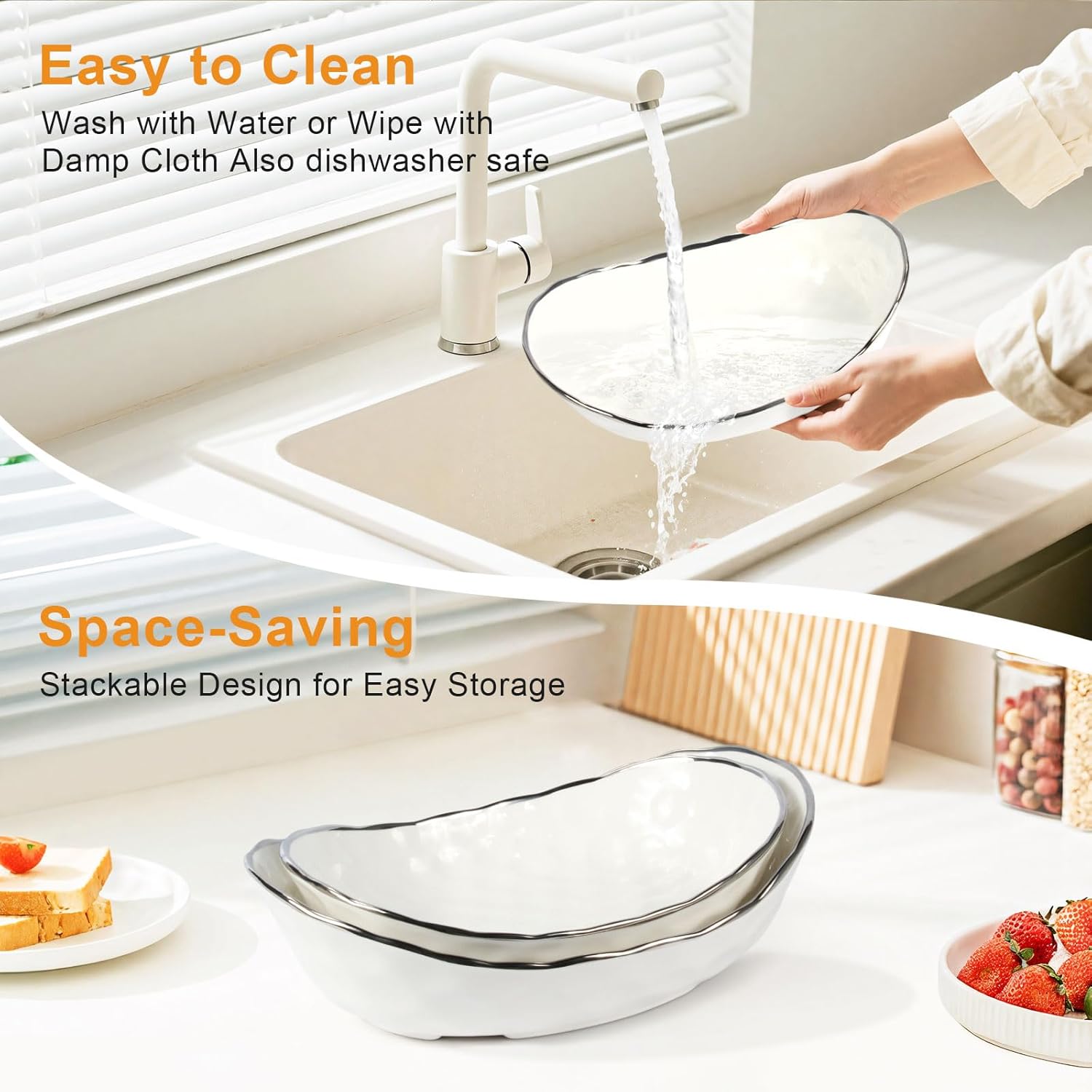 Fruit Bowl for Kitchen Counter - Two Tier Ceramic Fruit Basket, Fruit Holder for Fresh Fruit&Veggies, Modern Tiered Fruit Platter Serving Trays for Party