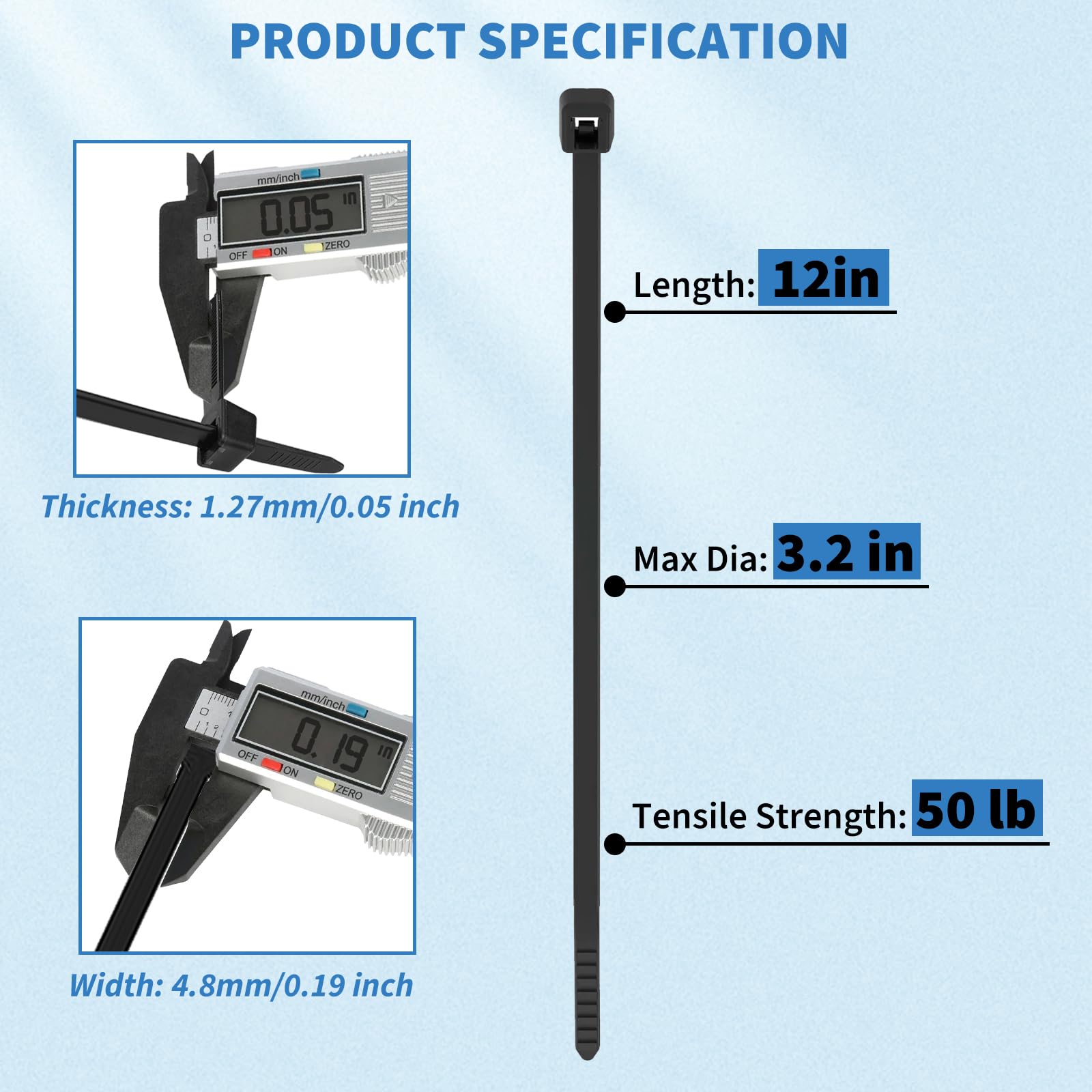 500 Pack Heavy Duty 12 inch Zip Ties Black | 50lb Tensile Strength Self-Locking Cable Ties for Indoor and Outdoor Cable Management, Garden, Office, Home Use | Premium Plastic Wire Ties by CENTROPOWER