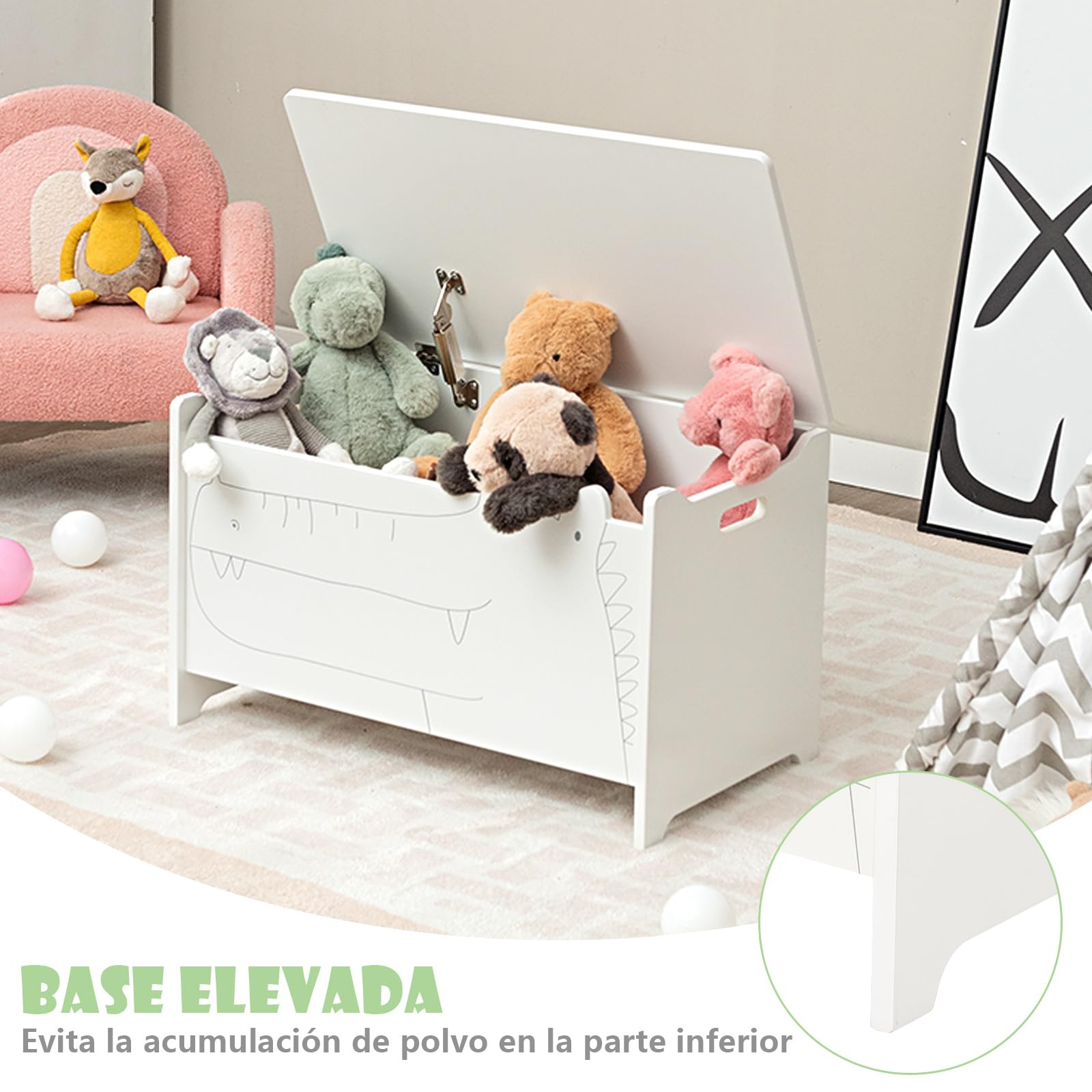 COSTWAY Caja de Almacenamiento de Juguetes de Madera, Cajón Infantil con Bisagra de Seguridad, Caja Infantil con Asas, Organizador de Niños para Dormitorio, Salón y Recibidor 33x60x37,5cm (Blanco)