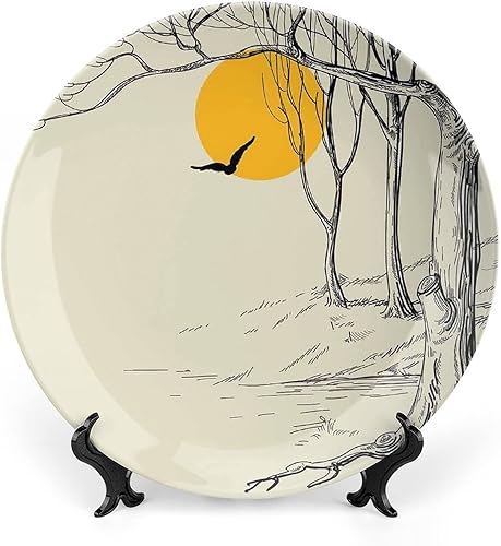 Plato decorativo de 7 pulgadas, decoración de apartamento, artesanía de cerámica, luna llena en el bosque con rama seca, gaviota, tranquilo,