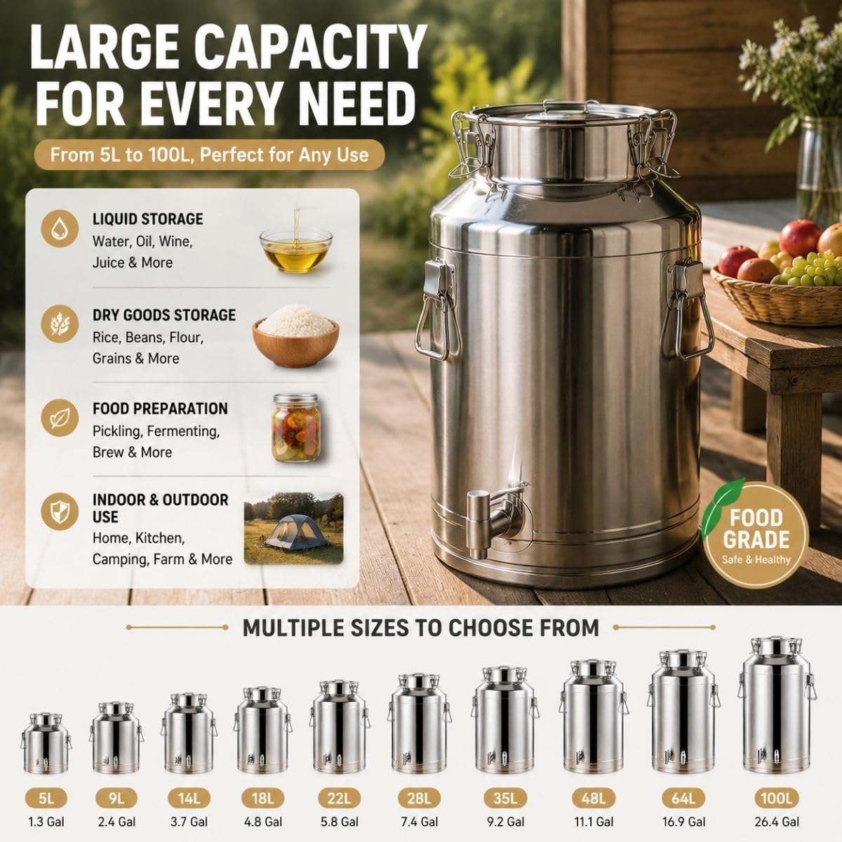 5L 22L 48L 100L Bidone Latte Acciaio Inox, Distributore Bevande Rubinetto | Secchio Ermetico per Trasporto, Contenitore Olio e Acqua, Fusto Vino per Cucina o Campeggio(With Spigot,14L)