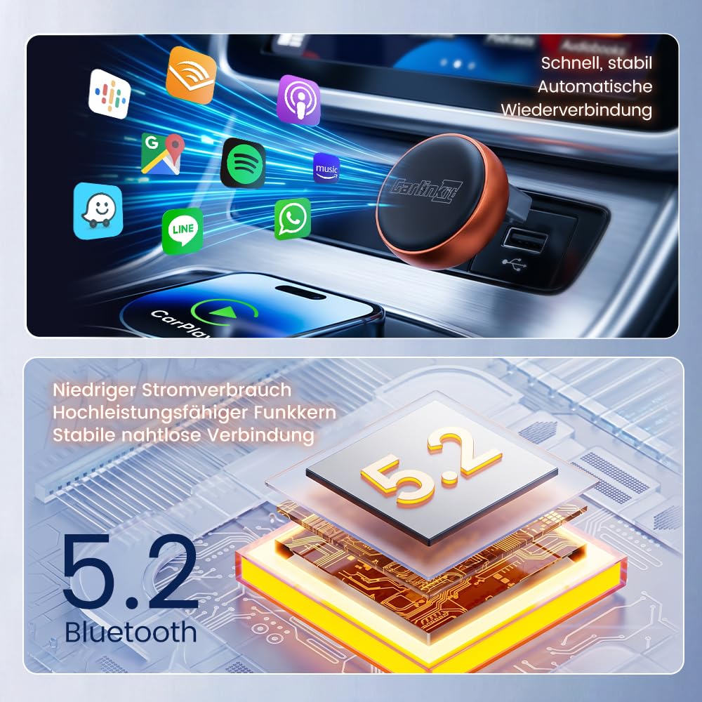Carlinkit Mini Ultra 3 Wireless CarPlay Adapter, Wireless Android Auto Adapter, Wandelt OEM kabelgebunden zu kabellos um, USB-A/C Plug & Play, Auto-Connect, OTA Upgrade, Orange