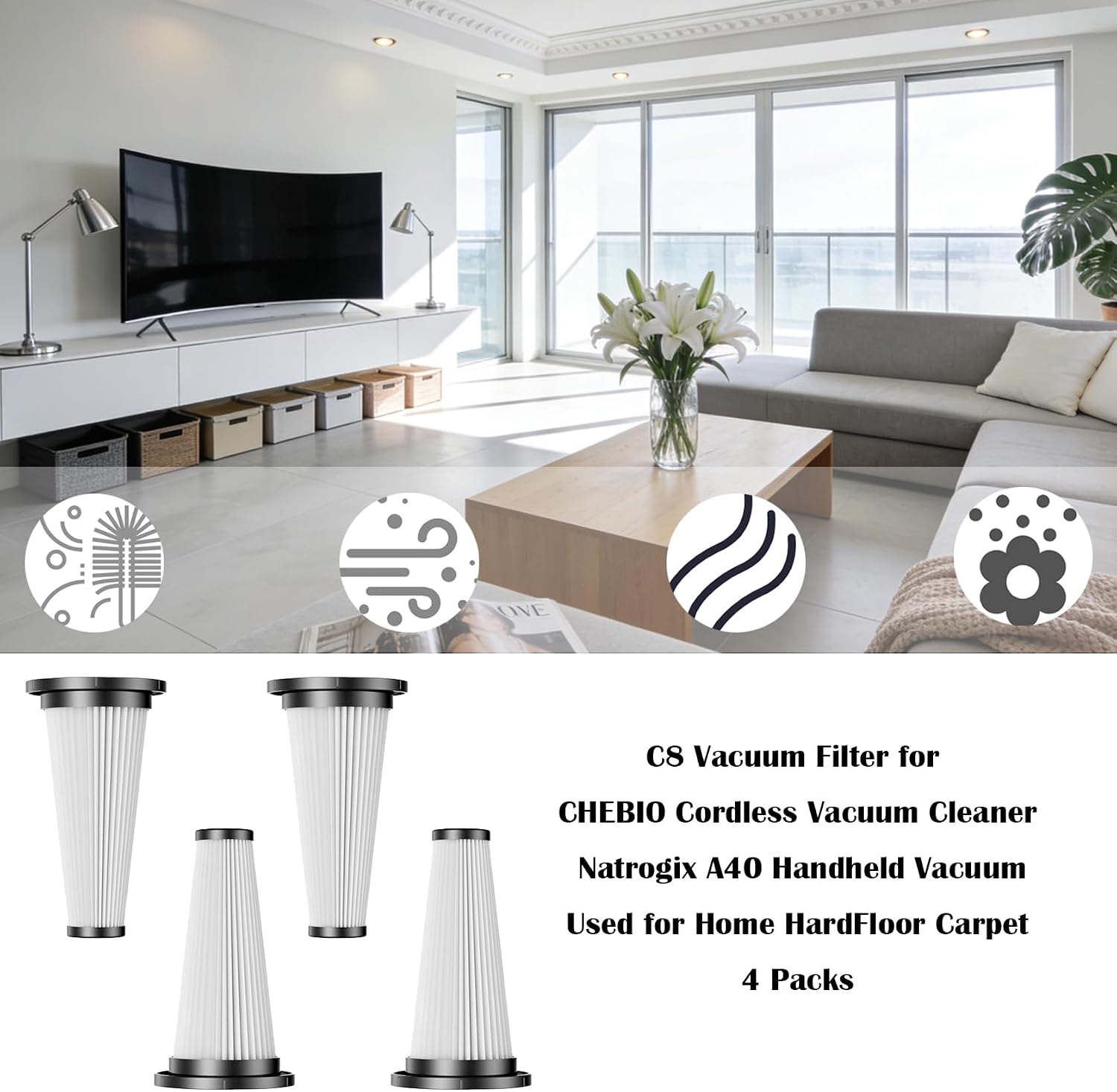 T350 HEPA Filter for Trucozie CHEBIO C8 Handheld Vacuum - 4 Pack