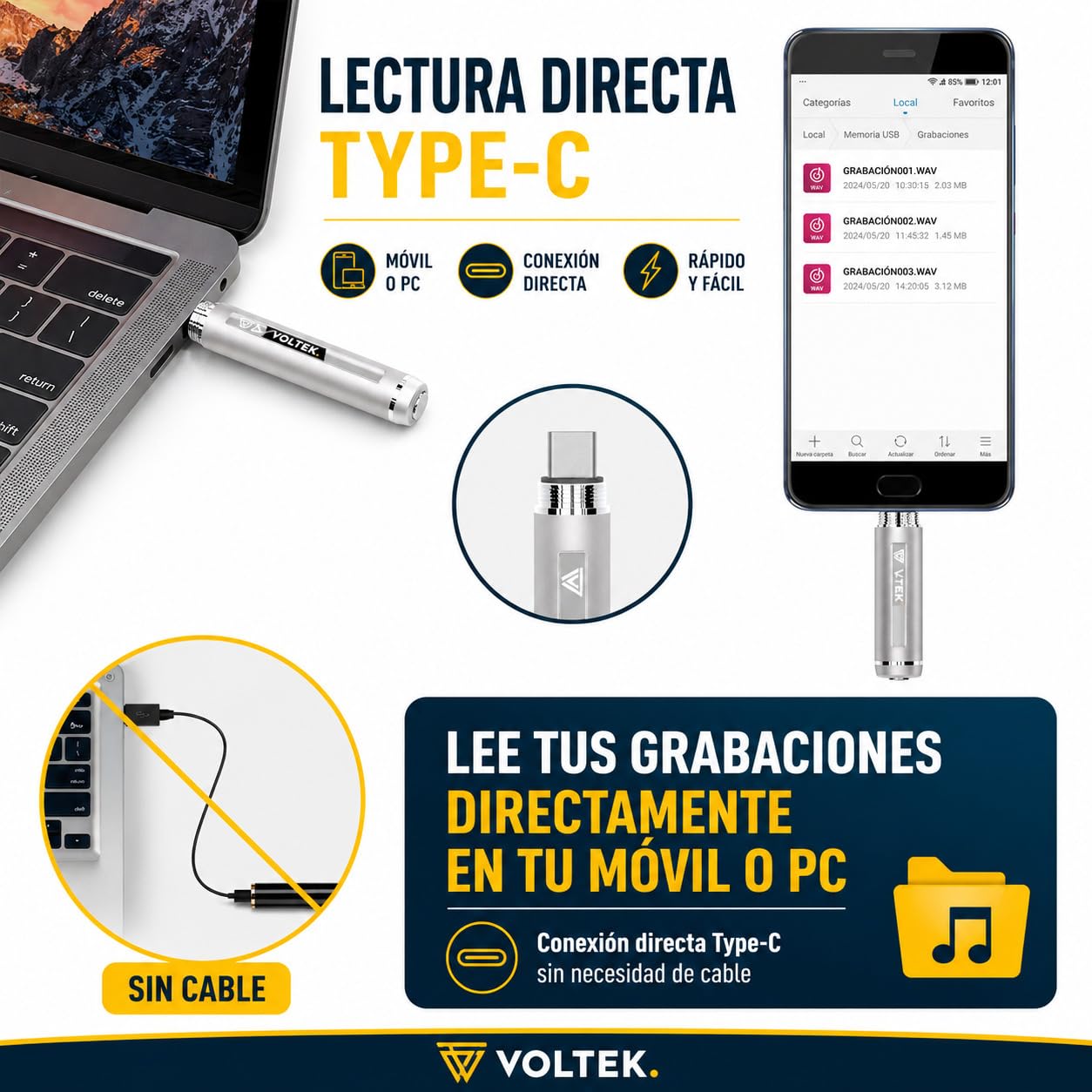 VOLTEK Pluma Grabadora de Audio - Captura la Voz con el Detector de dictáfonos Vocal. Micro grabadora Mini Escucha remota con una Memoria de 64 GB – Libro electrónico Gratuito Incluido (Plata)
