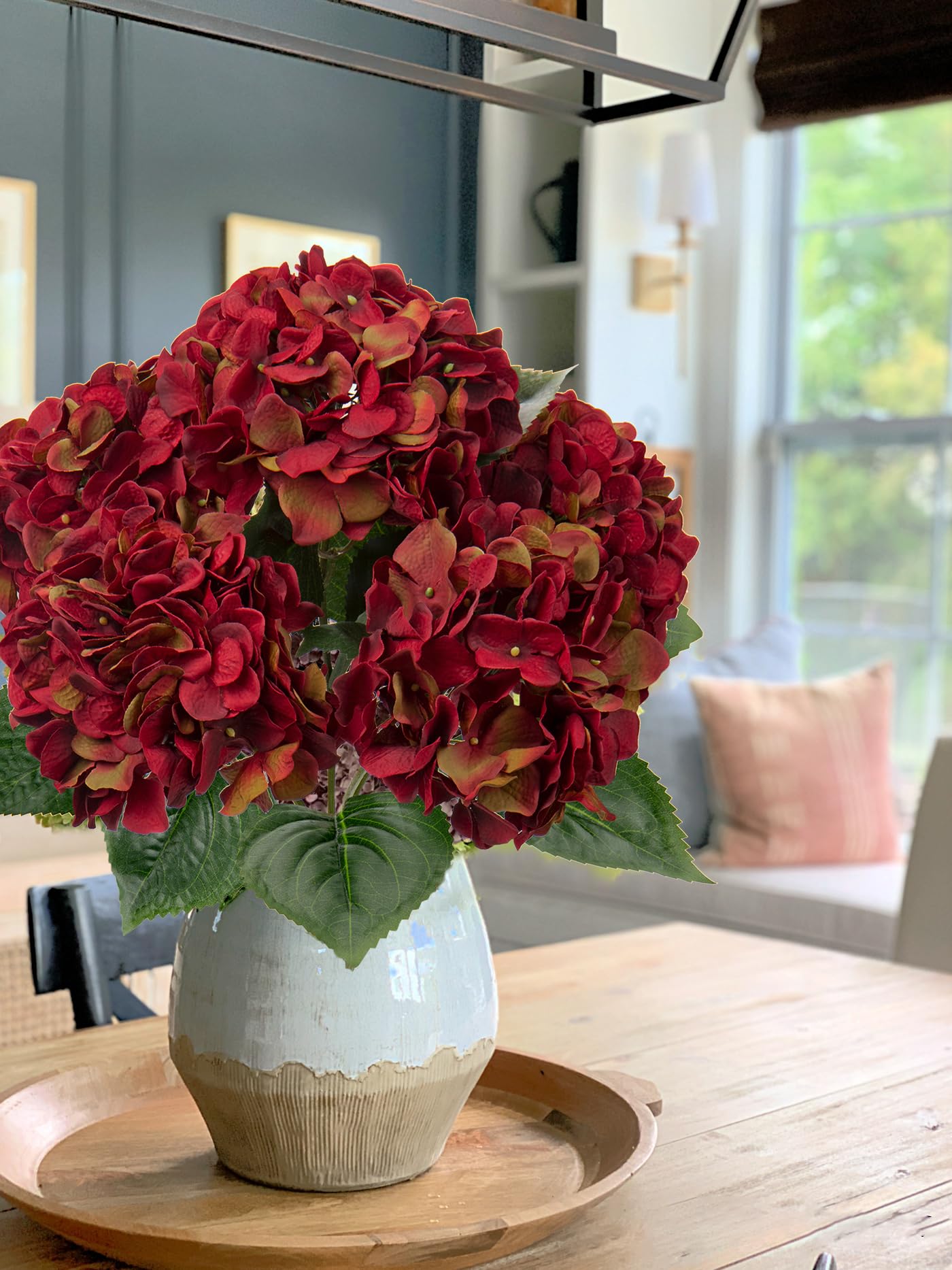 Hollyone Dark Red Hydrangeas Bunch Artificial Flowers, Large Fake Hydrangeas Bouquet Faux Silk Flowers for Home Decor, Flower Arrangement, Wedding, Flower Bouquets, Living Room Decorations - Image 4