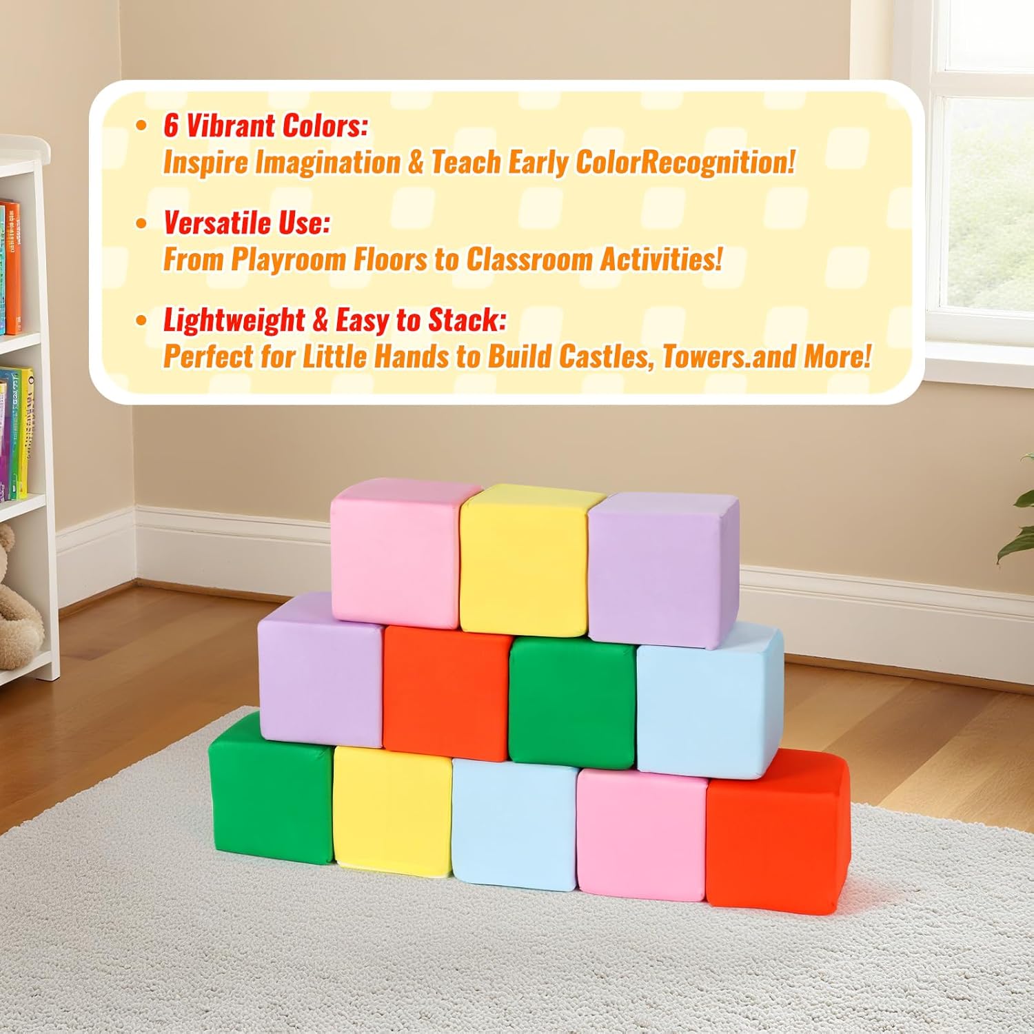 12-Pack 5 Inch Foam Cubes, Soft Play Pit Fillers for Indoor Games, Trampoline & Rock Climbing Mats - 6 Colors (Yellow/Green/Blue/Pink/Purple/Orange)