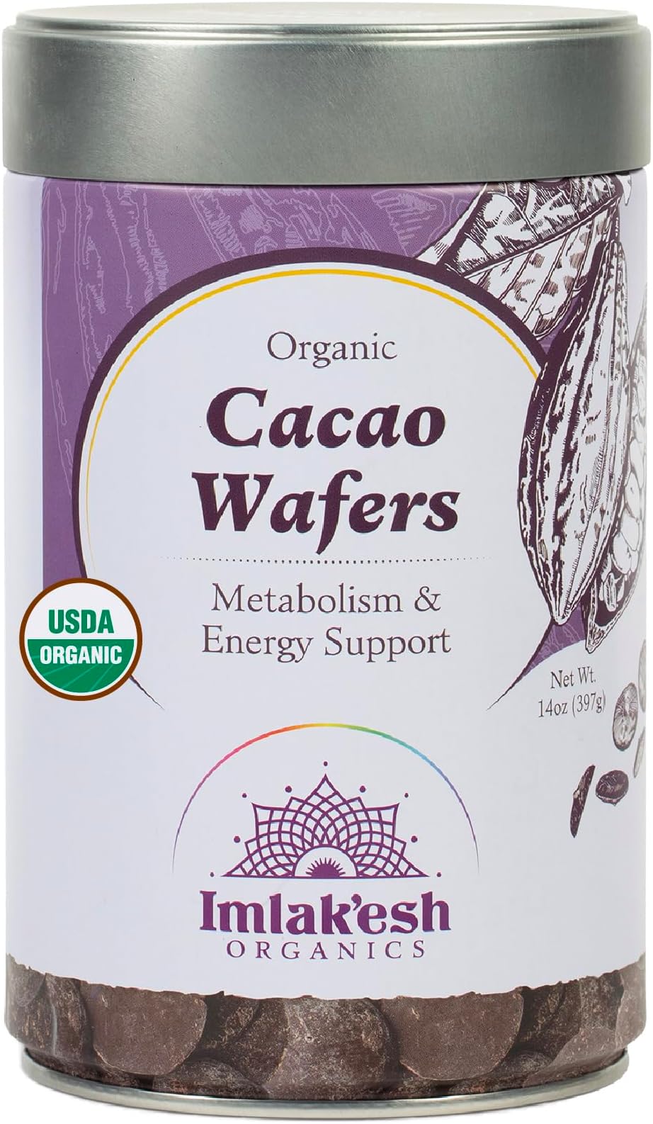 Imlakesh Organics Cacao Wafers, 100% Dark Chocolate (14oz Metal Jar)