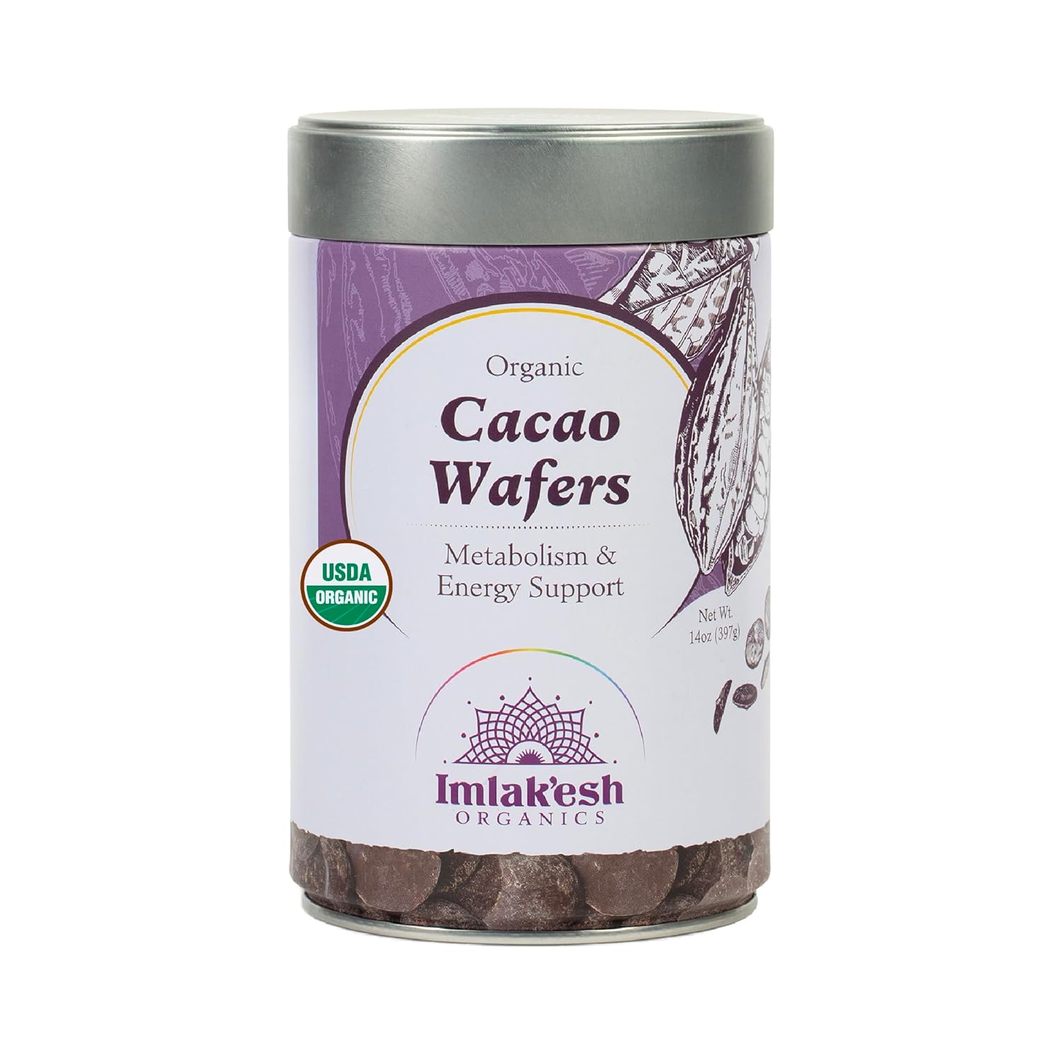 Imlakesh Organics Cacao Wafers, 100% Dark Chocolate (14oz Metal Jar)