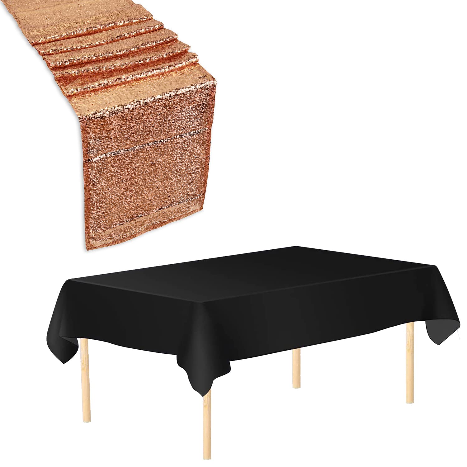 Trimming Shop Tablecloth Table Runner Set, 3 Pack Black Disposable Table Cover Waterproof Plastic Tablecloth & 3 Pack 11" x 108" Peach Sequin Table Runner for Birthday Wedding Christmas Party