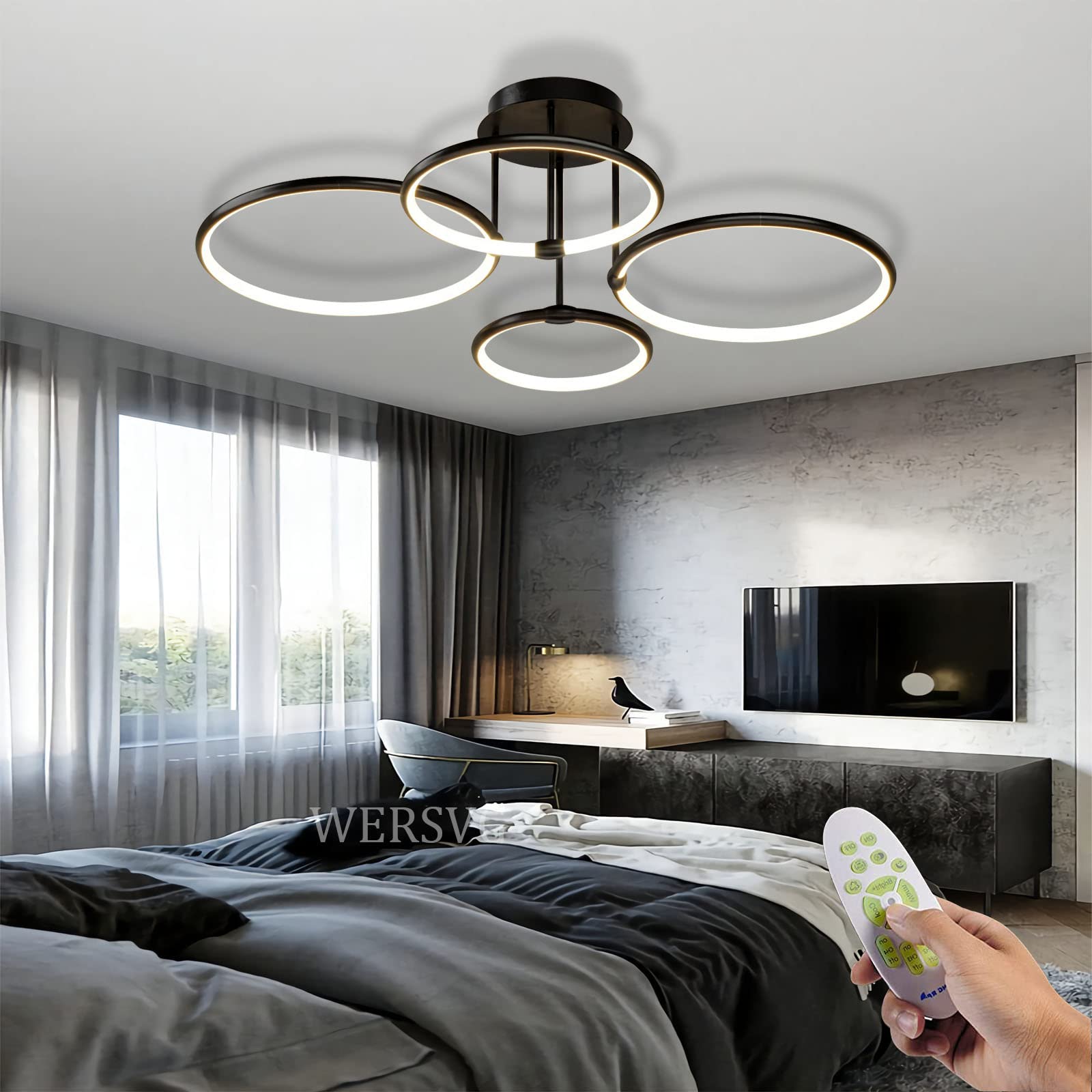 LED Ceiling Lamp Living Room Lamp Creativity Ring Ceiling Lamp Light Color and Brightness Adjustable With Remote Control Bedroom Chandelier Metal Acrylic Round Ceiling Chandelier (black, Ø75cm/85W)
