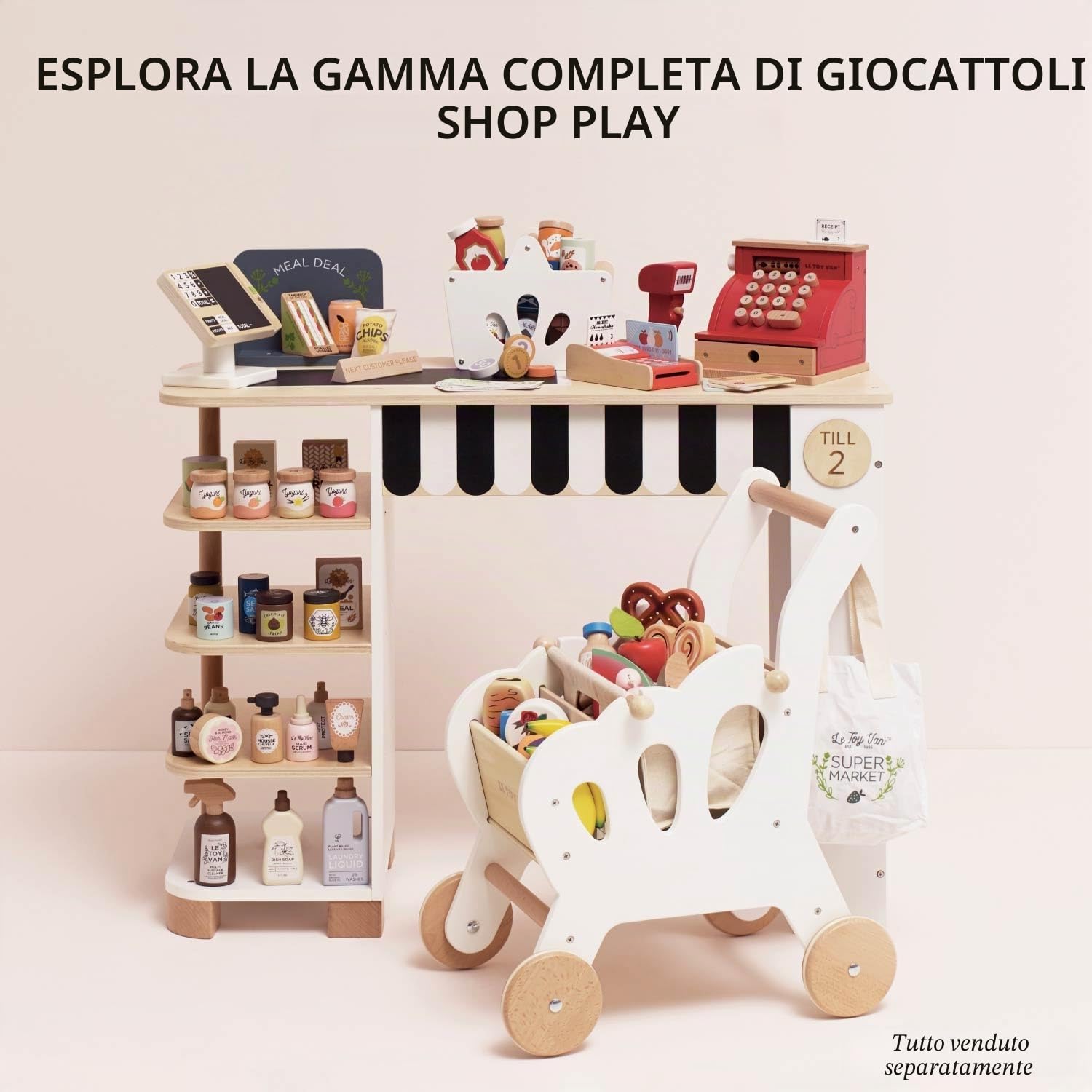 Le Toy Van Gioco educativo in legno cestino spesa e scanner, per bambini dai 2 anni, 13 accessori inclusi, gioco ecologico, Montessori, in legno certificato FSC e colori a base d'acqua