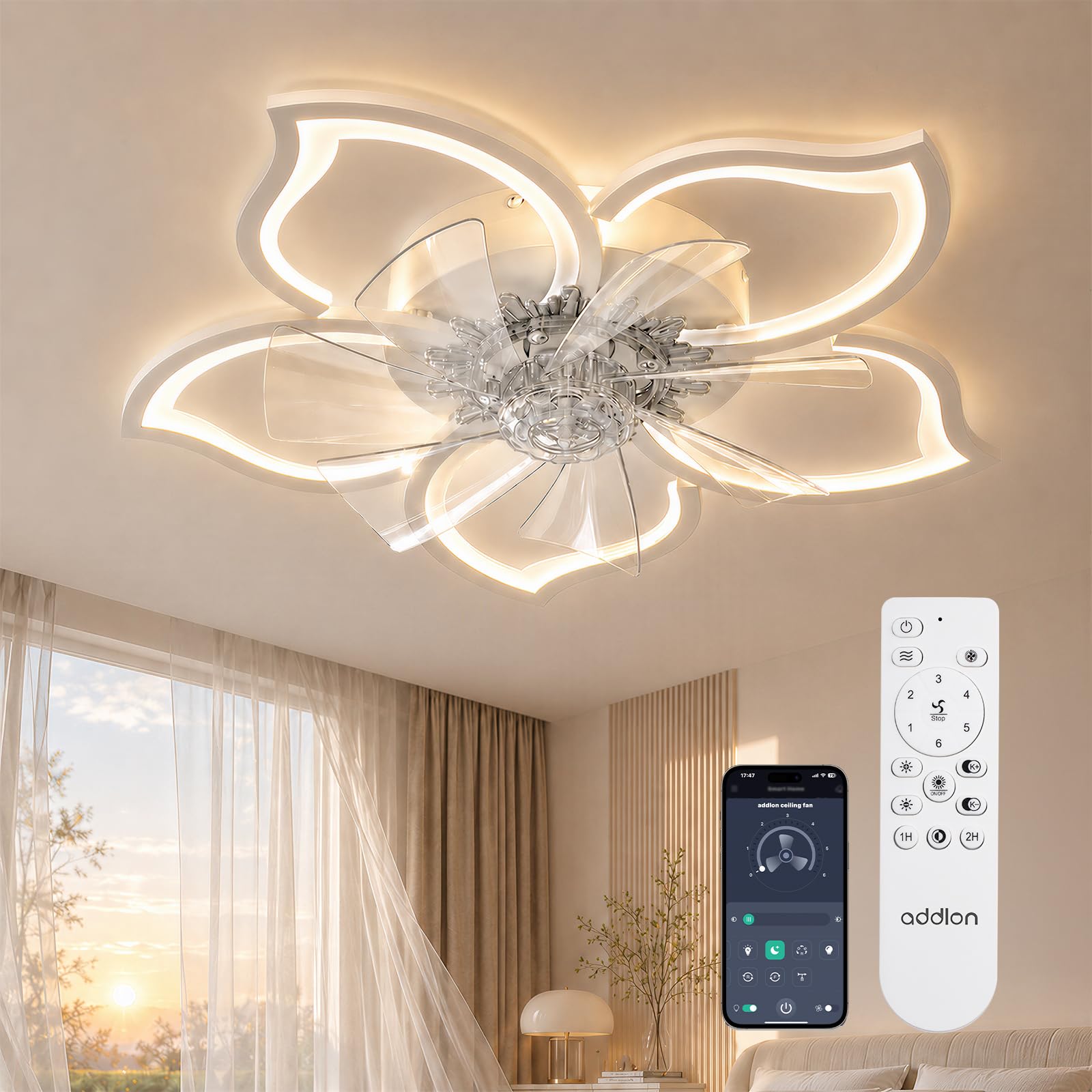 addlon 27'' Flower Low Profile Ceiling Fans with Lights and Remote, White